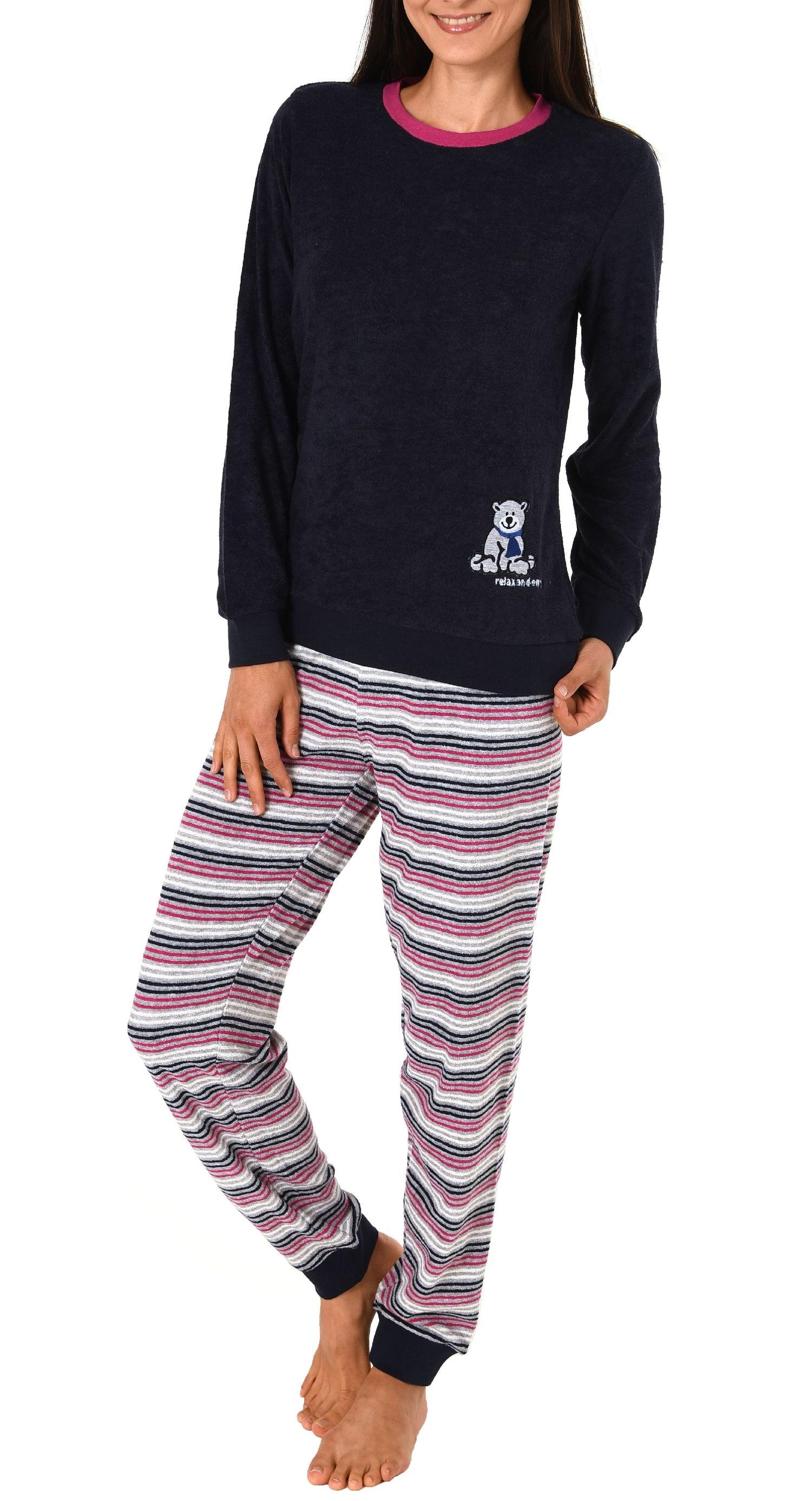 Damen Frottee Pyjama Schlafanzug langarm mit Bündchen und süsser Bär-Applikation 20113777