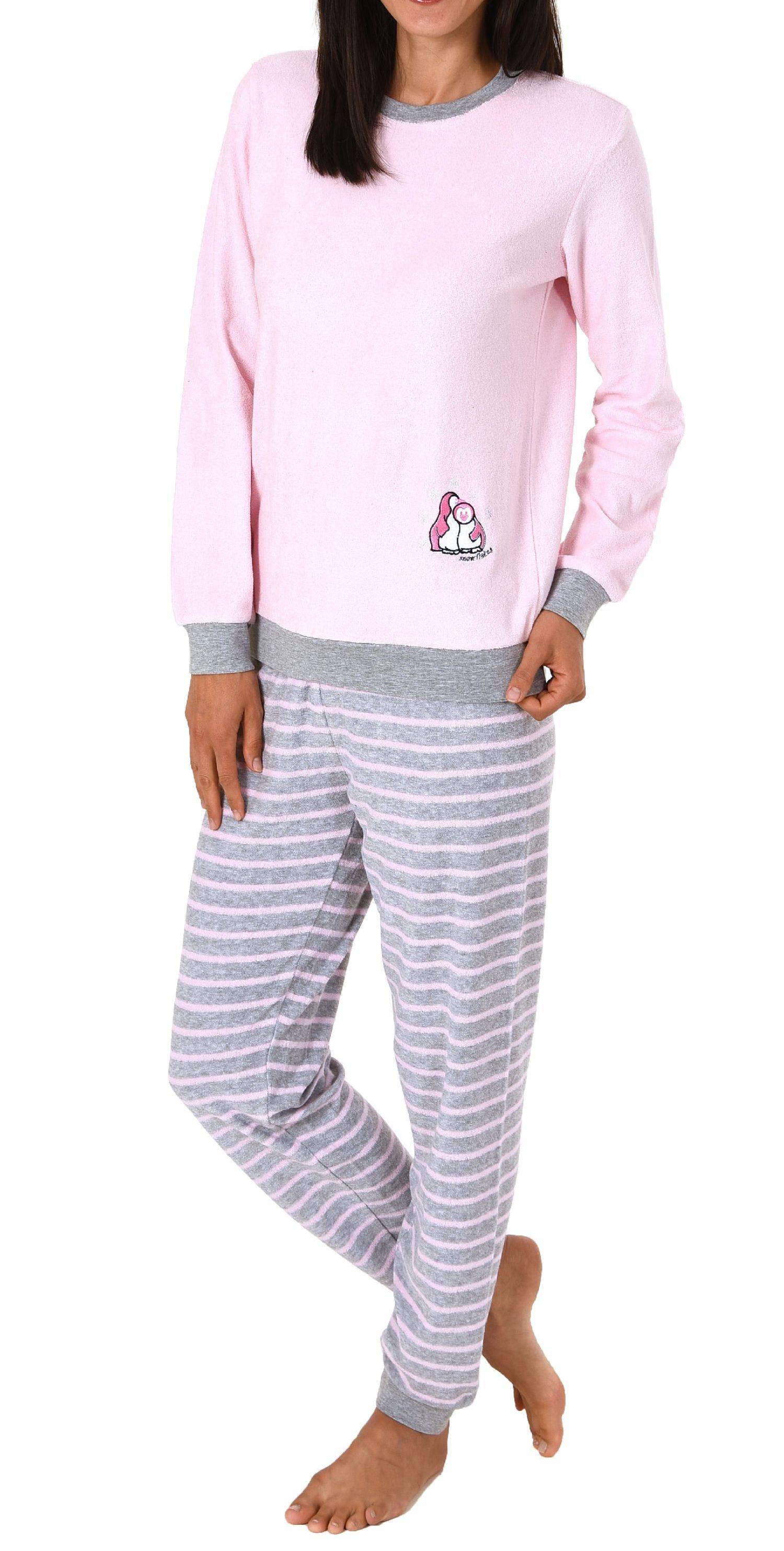 Damen Frottee Pyjama langarm mit Bündchen und niedlicher Pinguin Stickerei - 291 13 779