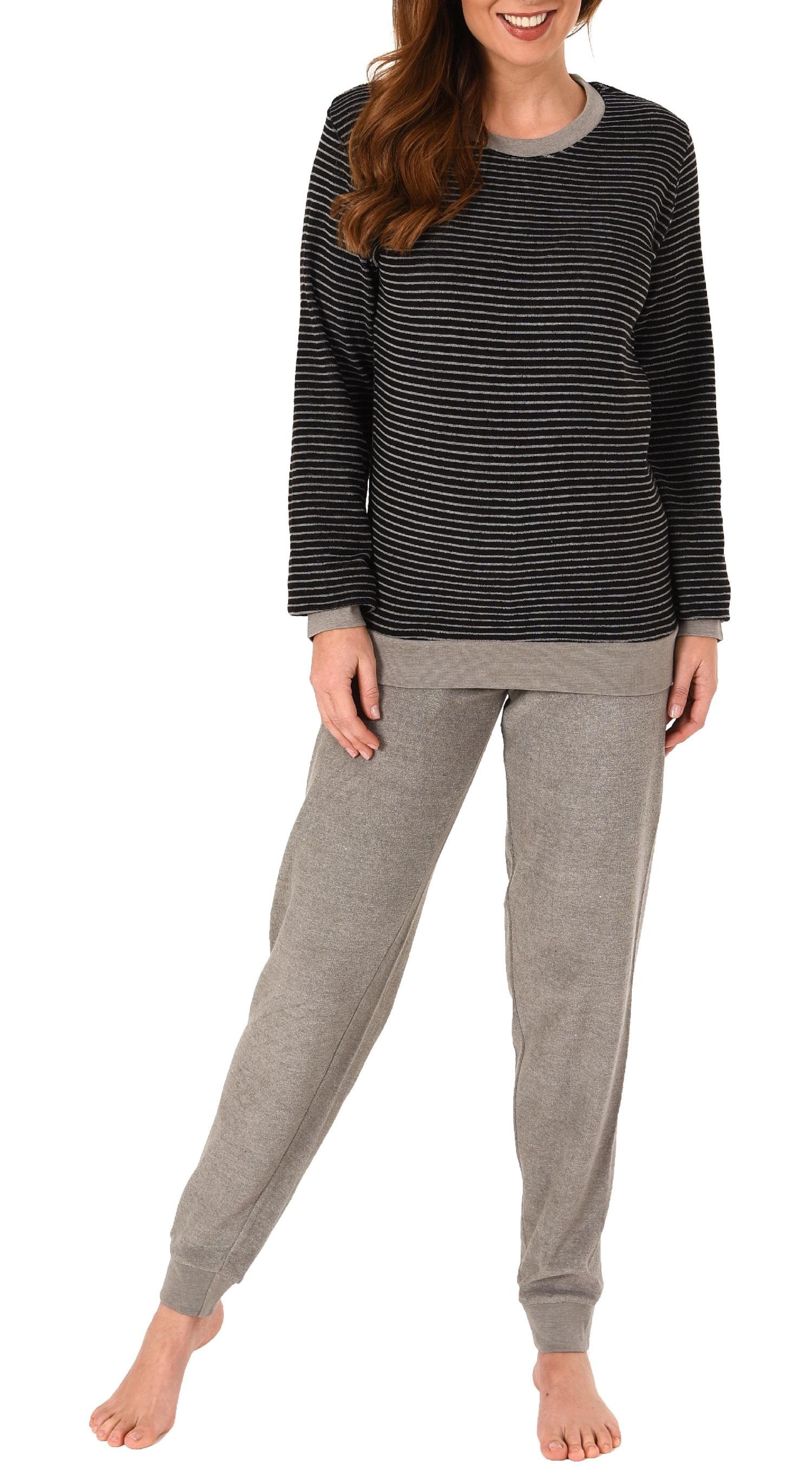 Damen Frottee Pyjama Schlafanzug mit Bündchen in eleganter Streifenoptik - 291 201 13 781