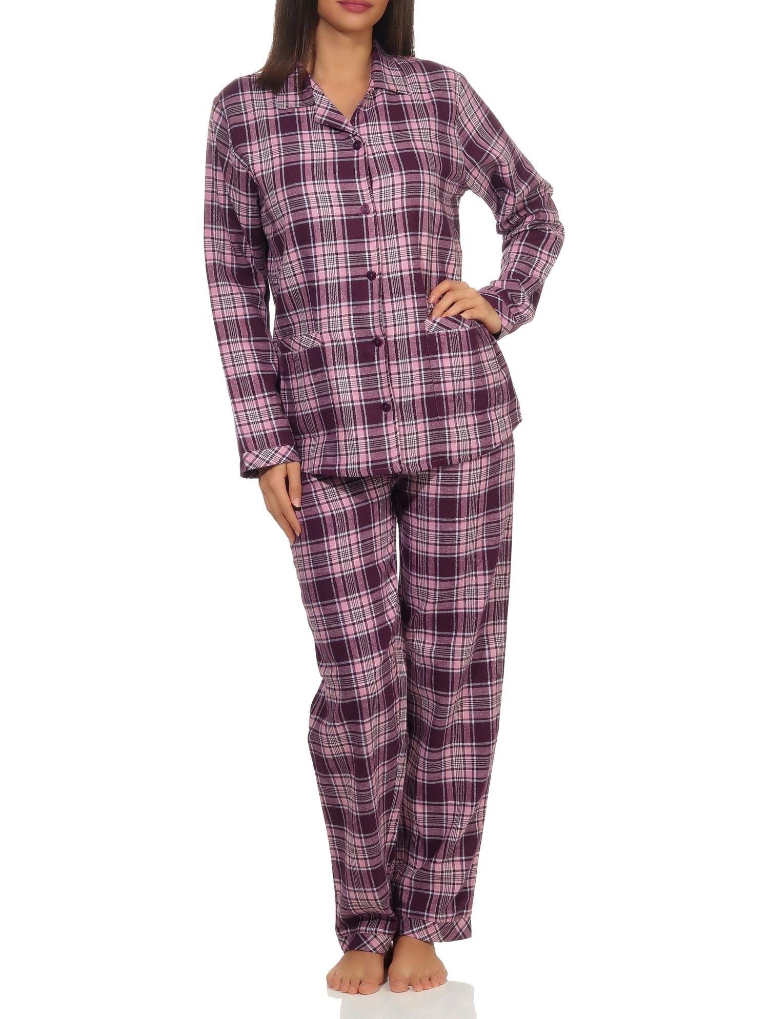 Damen Flanell Pyjama Schlafanzug langarm mit Knopfleiste und Reverskragen - 291 201 15 557