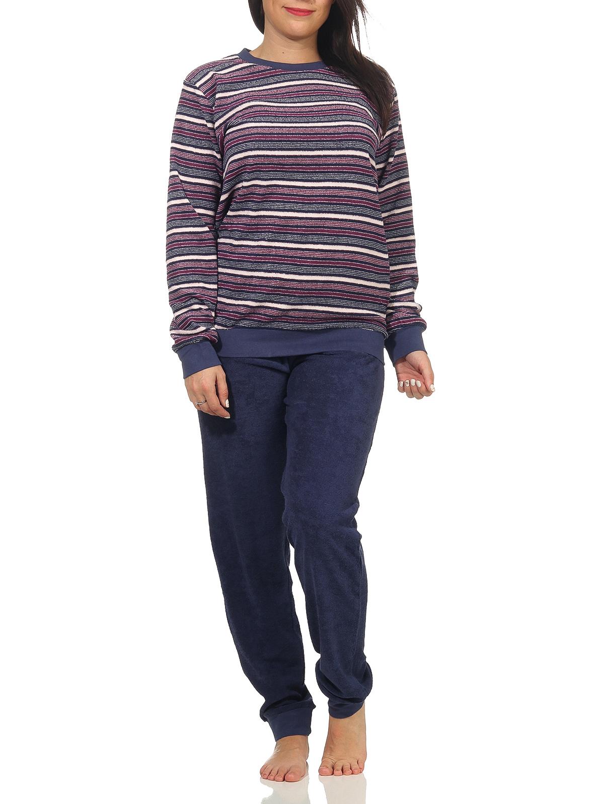 Edler Damen Frottee Pyjama langarm Schlafanzug mit Bündchen in Streifenoptik - 291 13 902