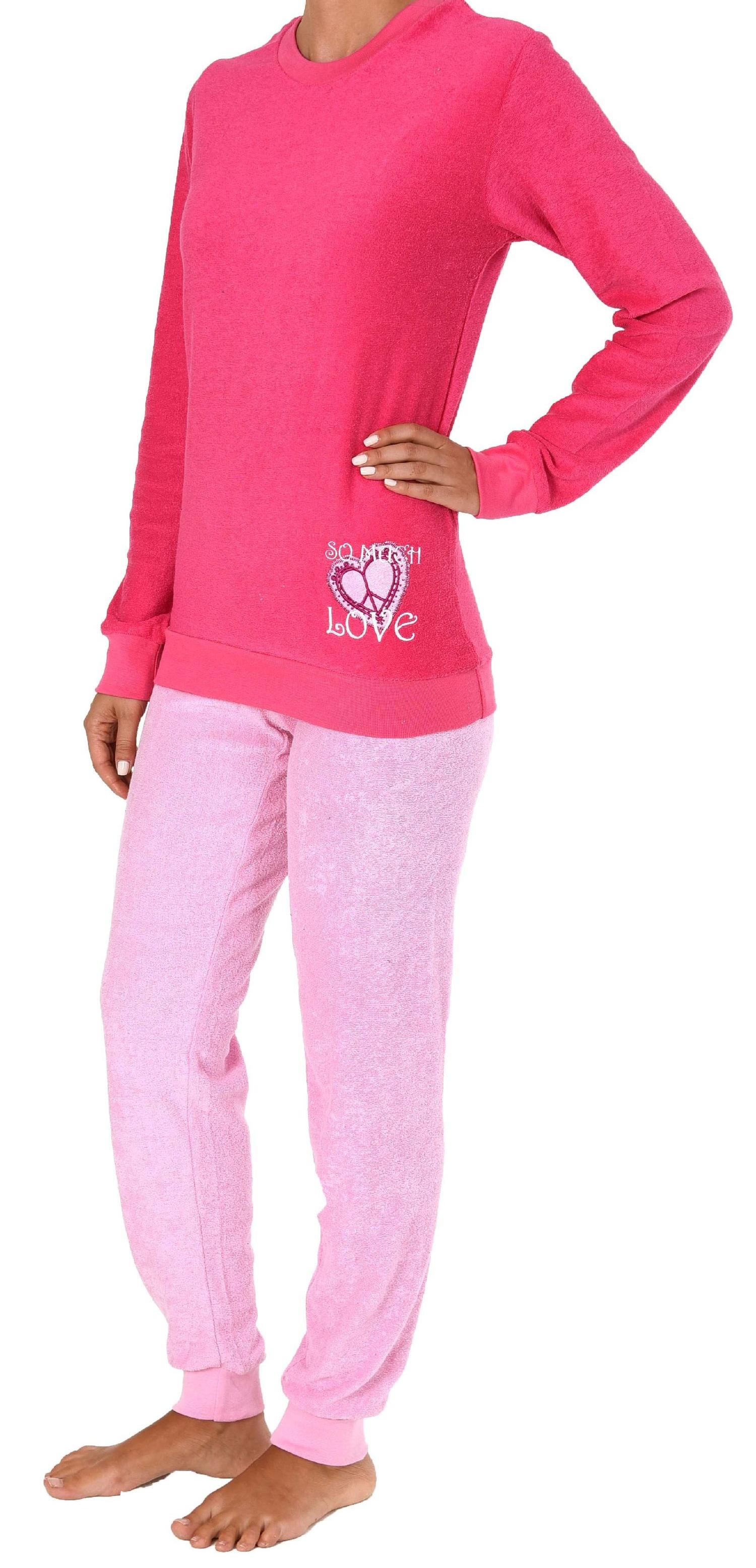 Damen Frottee Pyjama langarm Schlafanzug mit Bündchen und Herz Motiv - 61695 Damen Frottee Pyjama langarm Schlafanzug mit Bündchen und Herz Motiv - 61695