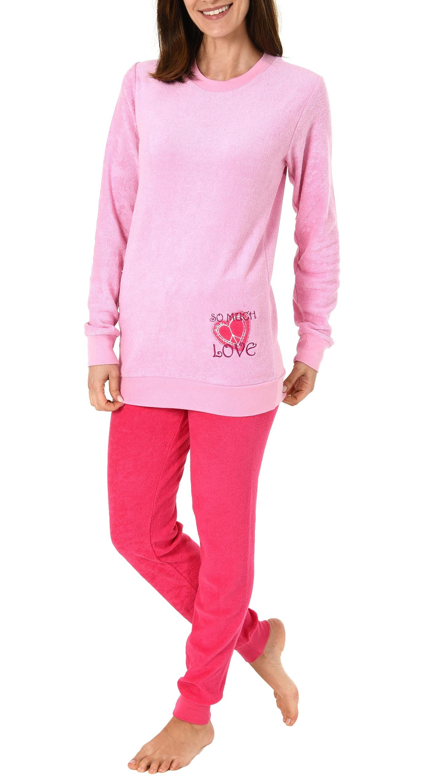 Damen Frottee Pyjama langarm Schlafanzug mit Bündchen und Herz Motiv - 61695 Damen Frottee Pyjama langarm Schlafanzug mit Bündchen und Herz Motiv - 61695