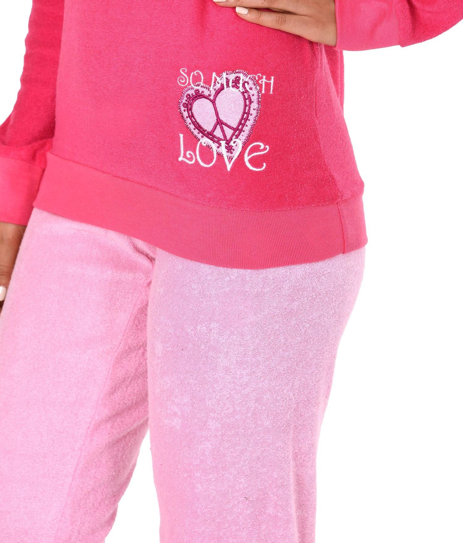 Damen Frottee Pyjama langarm Schlafanzug mit Bündchen und Herz Motiv - 61695