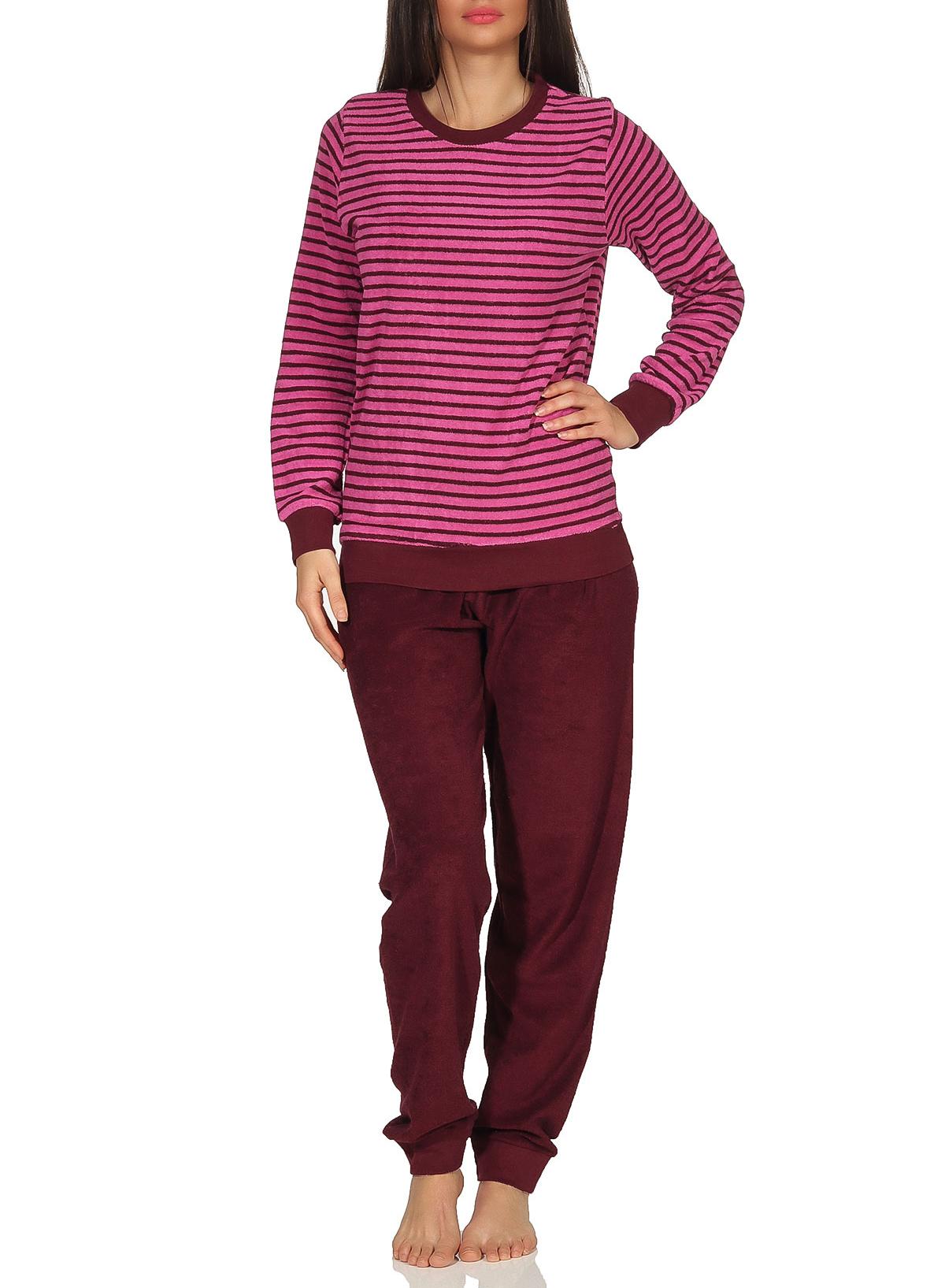 Lässiger Damen Frottee Pyjama langarm mit Bündchen in Streifenoptik - 291 201 13 776