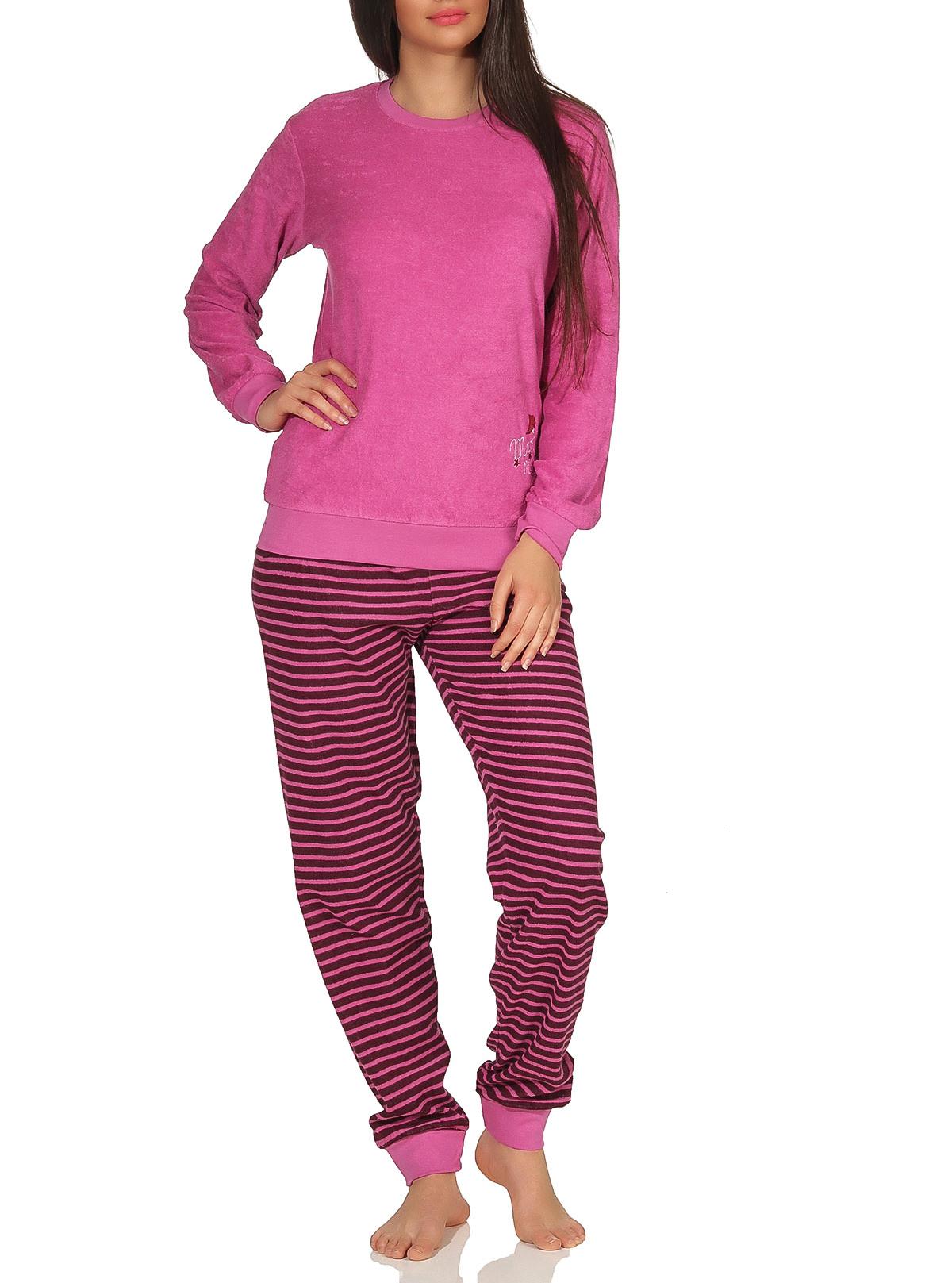 Damen Frottee Pyjama mit Bündchen, Hose gestreift, Top mit Sterne + Mond Stickerei