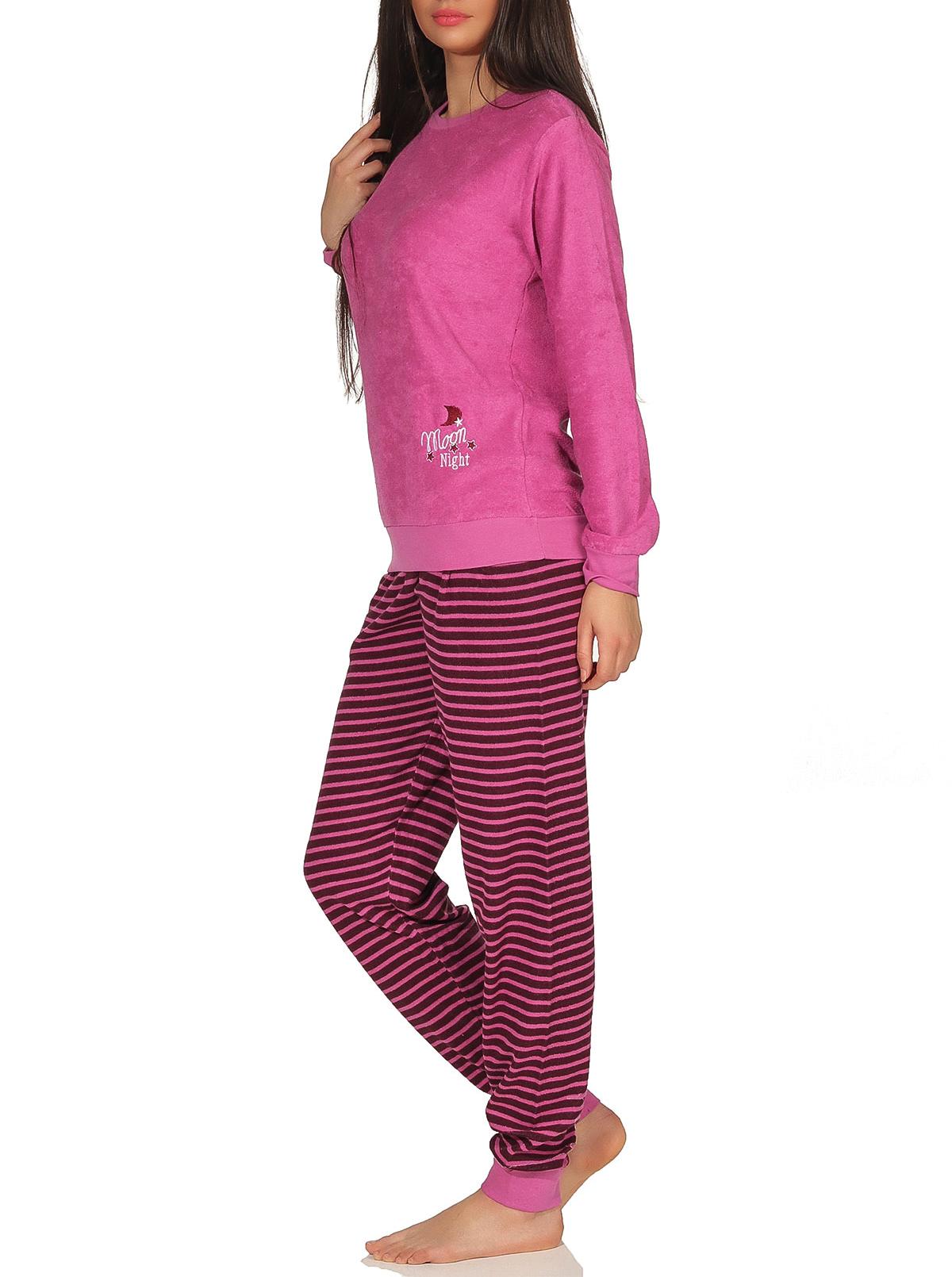 Damen Frottee Pyjama mit Bündchen, Hose gestreift, Top mit Sterne + Mond Stickerei