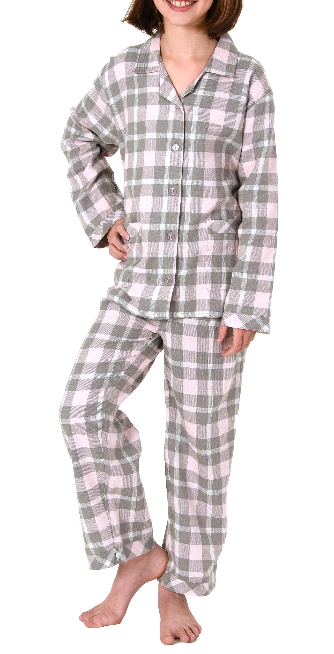 Mädchen Flanell Pyjama langarm Schlafanzug kariert mit Knopfleiste - 291 401 15 556