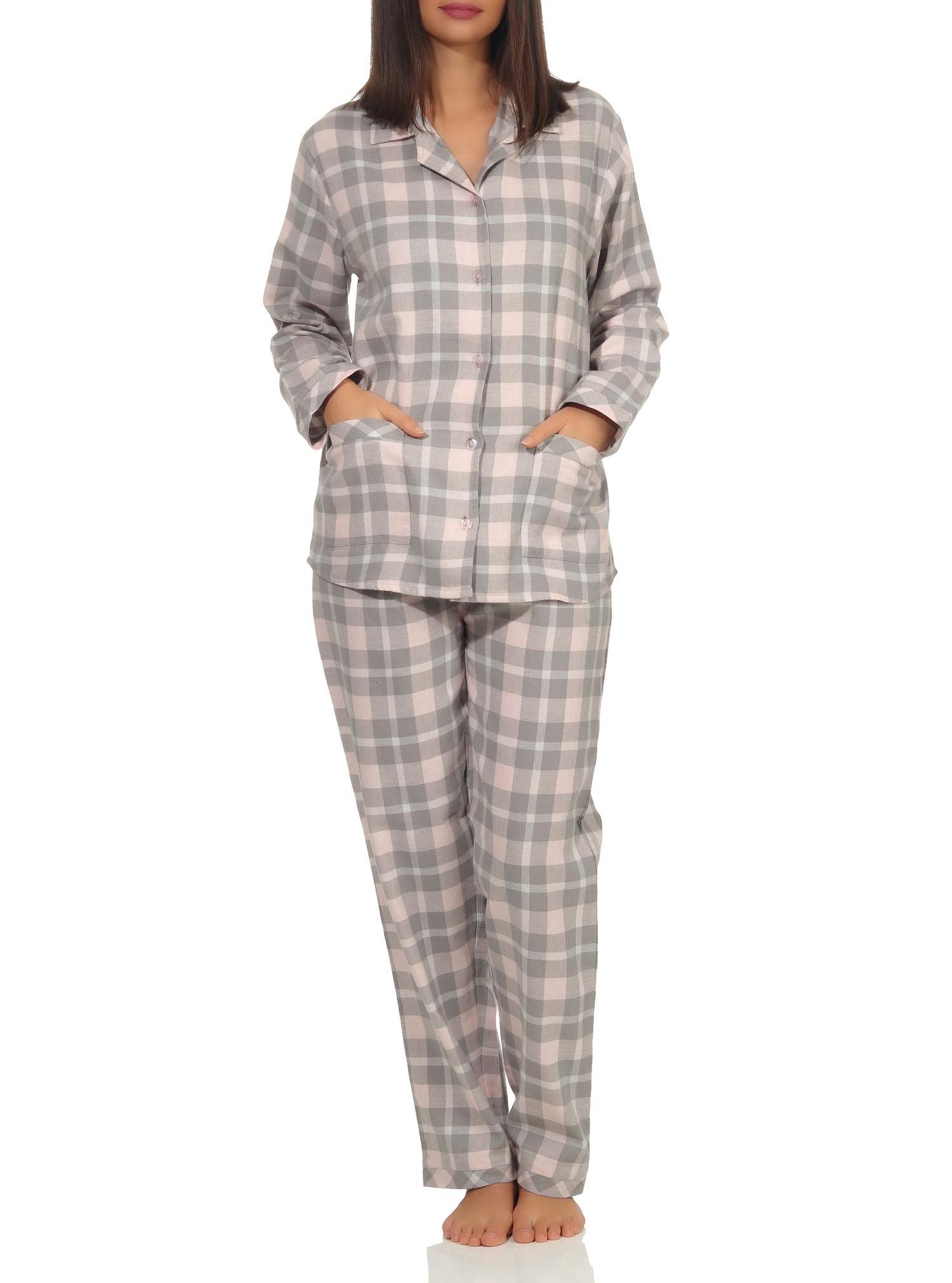 Damen Flanell Pyjama Schlafanzug kariert mit Knopfleiste und Hemdkragen - 291 201 15 556