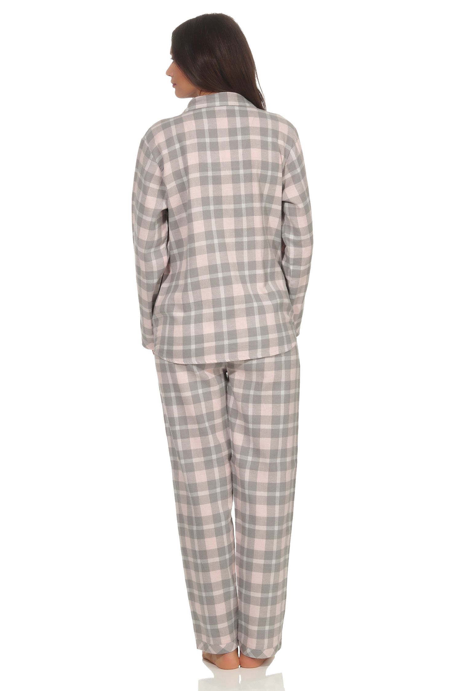Damen Flanell Pyjama Schlafanzug kariert mit Knopfleiste und Hemdkragen - 291 201 15 556