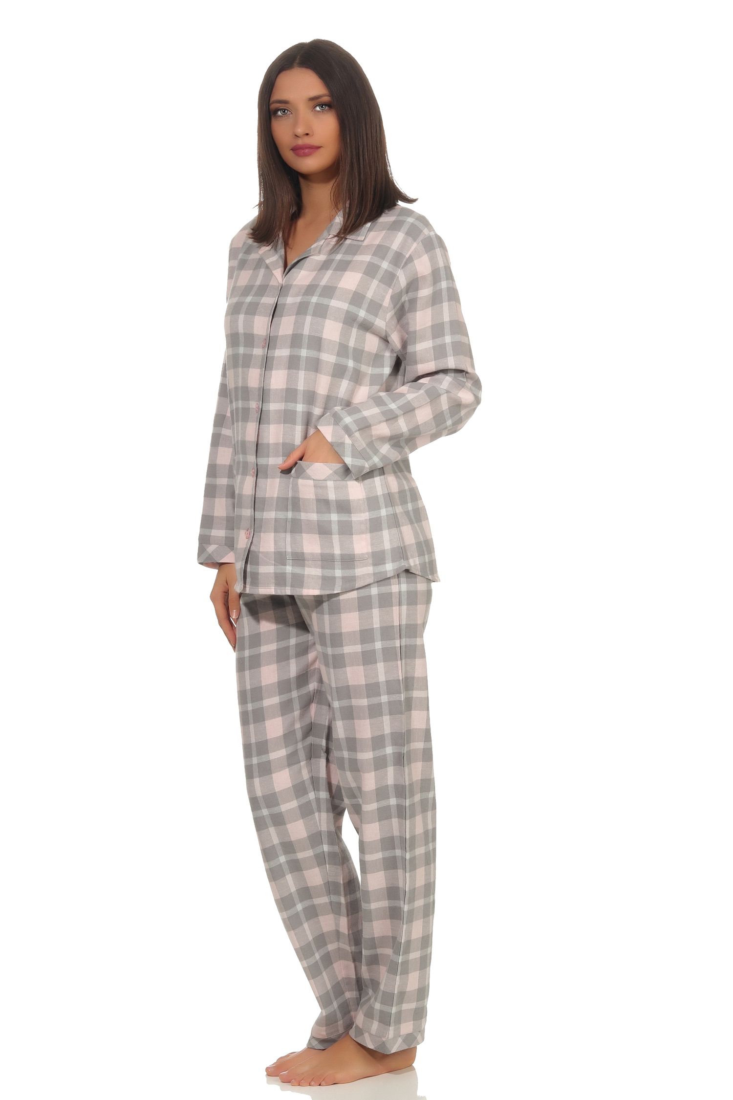 Damen Flanell Pyjama Schlafanzug kariert mit Knopfleiste und Hemdkragen - 291 201 15 556