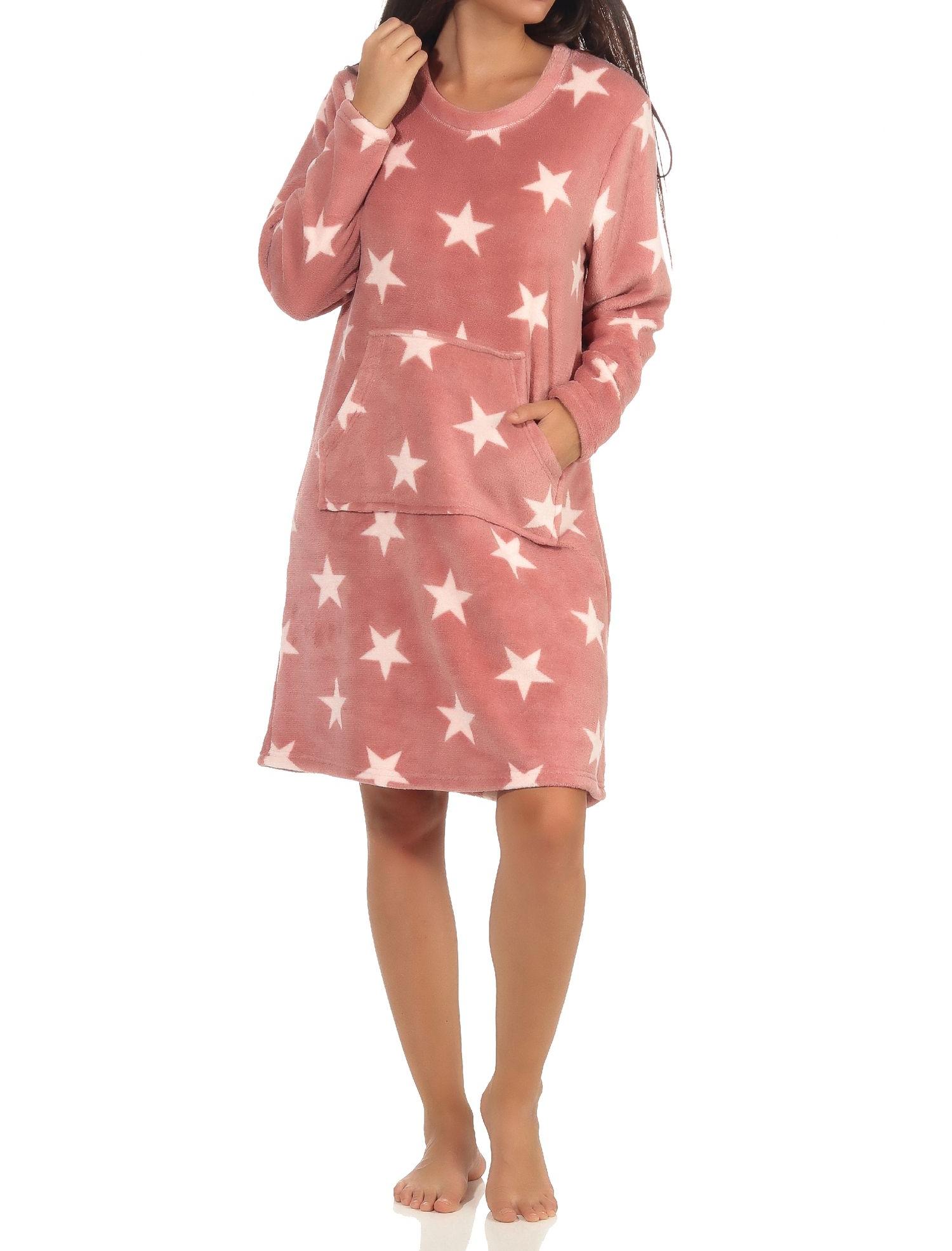 Damen Nachthemd Hauskleid in toller Sterne Optik aus kuschelig weichem Coral Fleece