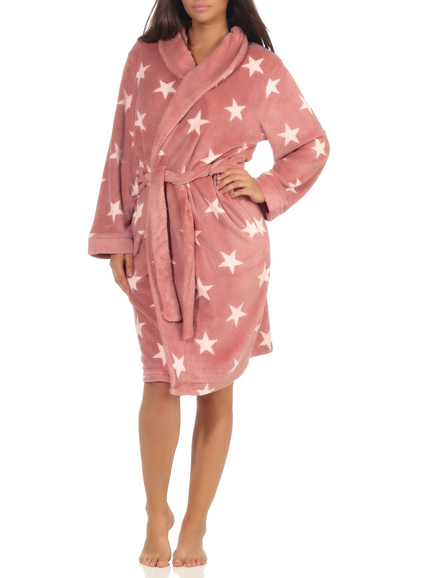 Toller Damen Bademantel in Sterne Optik, Morgenmantel aus kuscheligen Coralfleece