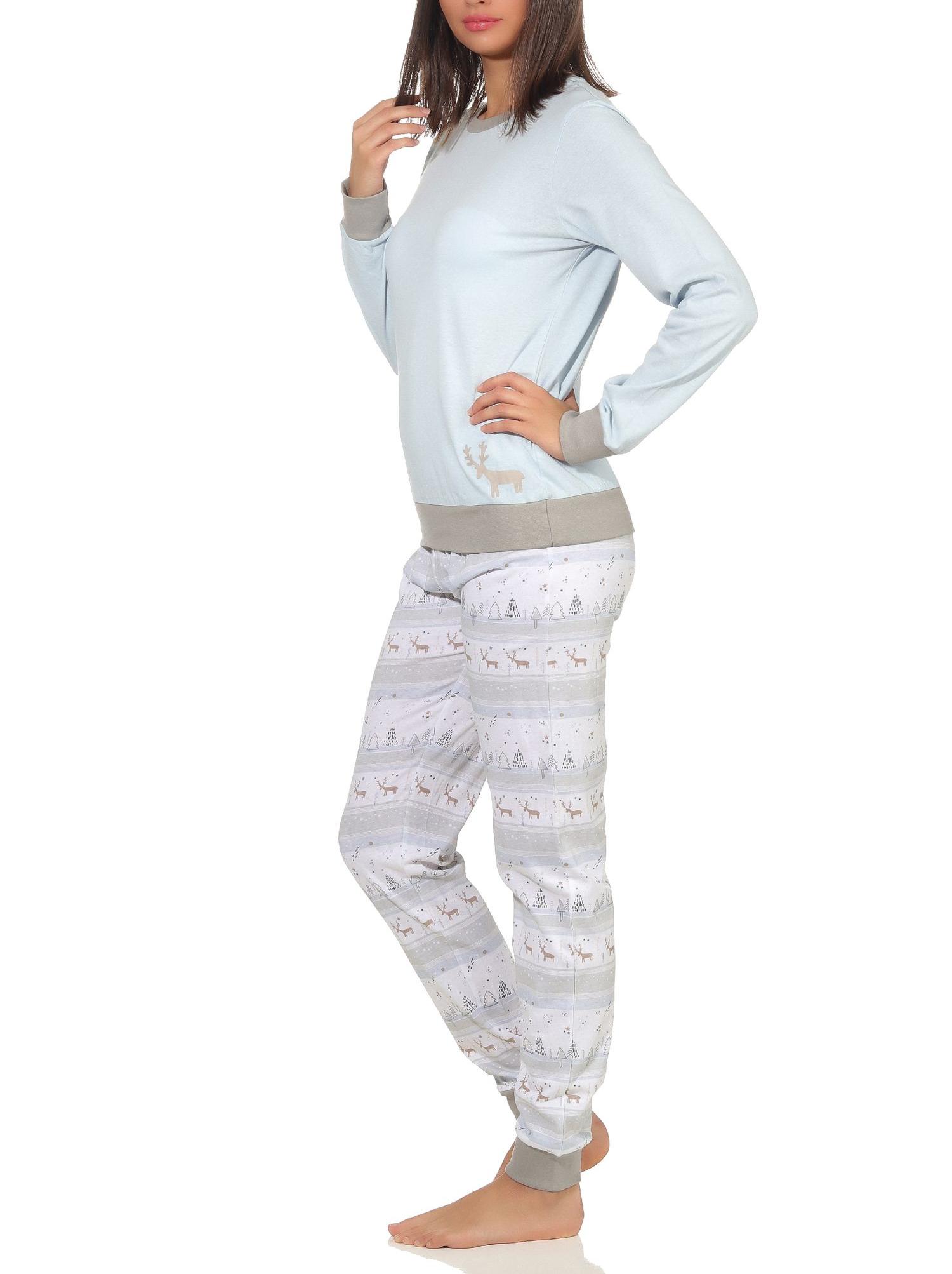 Damen Pyjama Schlafanzug mit Renntiermotiv langarm mit oder  ohne Bündchen Weihnachtsmotiv