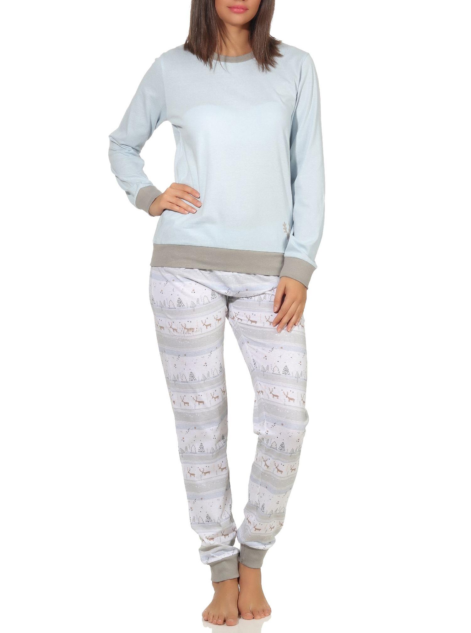 Damen Pyjama Schlafanzug mit Renntiermotiv langarm mit oder  ohne Bündchen Weihnachtsmotiv