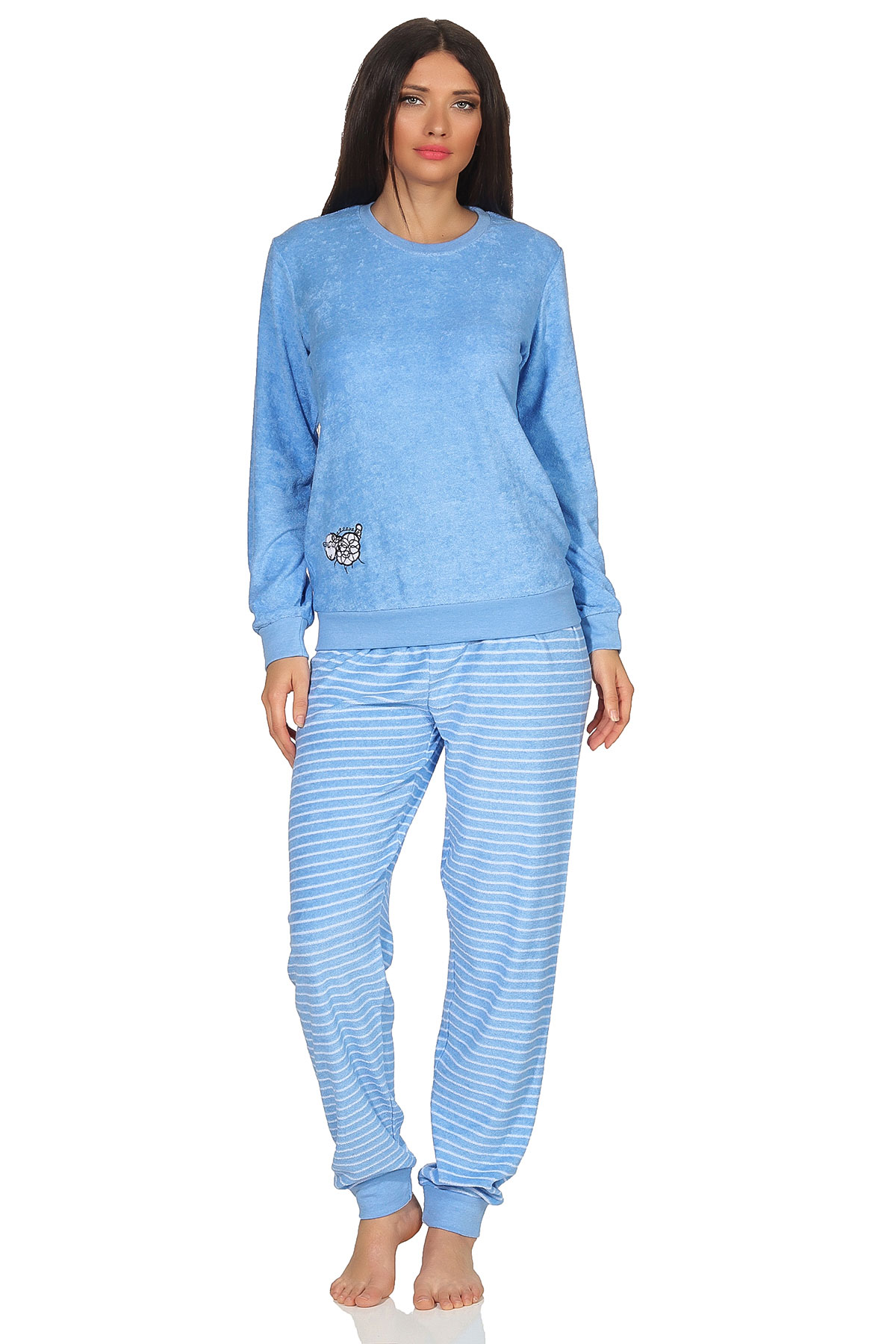 Damen Frottee Pyjama Schlafanzug mit Bündchen und süsser Tier Applikation - 202 201 13 110