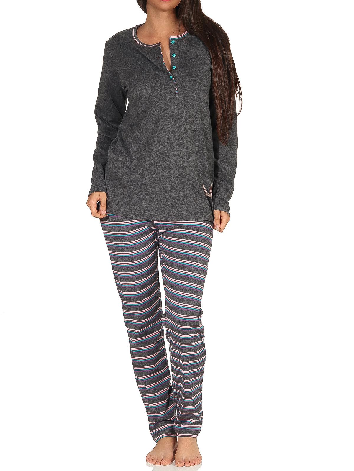 Damen Pyjama Schlafanzug, gestreifte Hose, niedliches Faultier Motiv - auch in Übergrösse