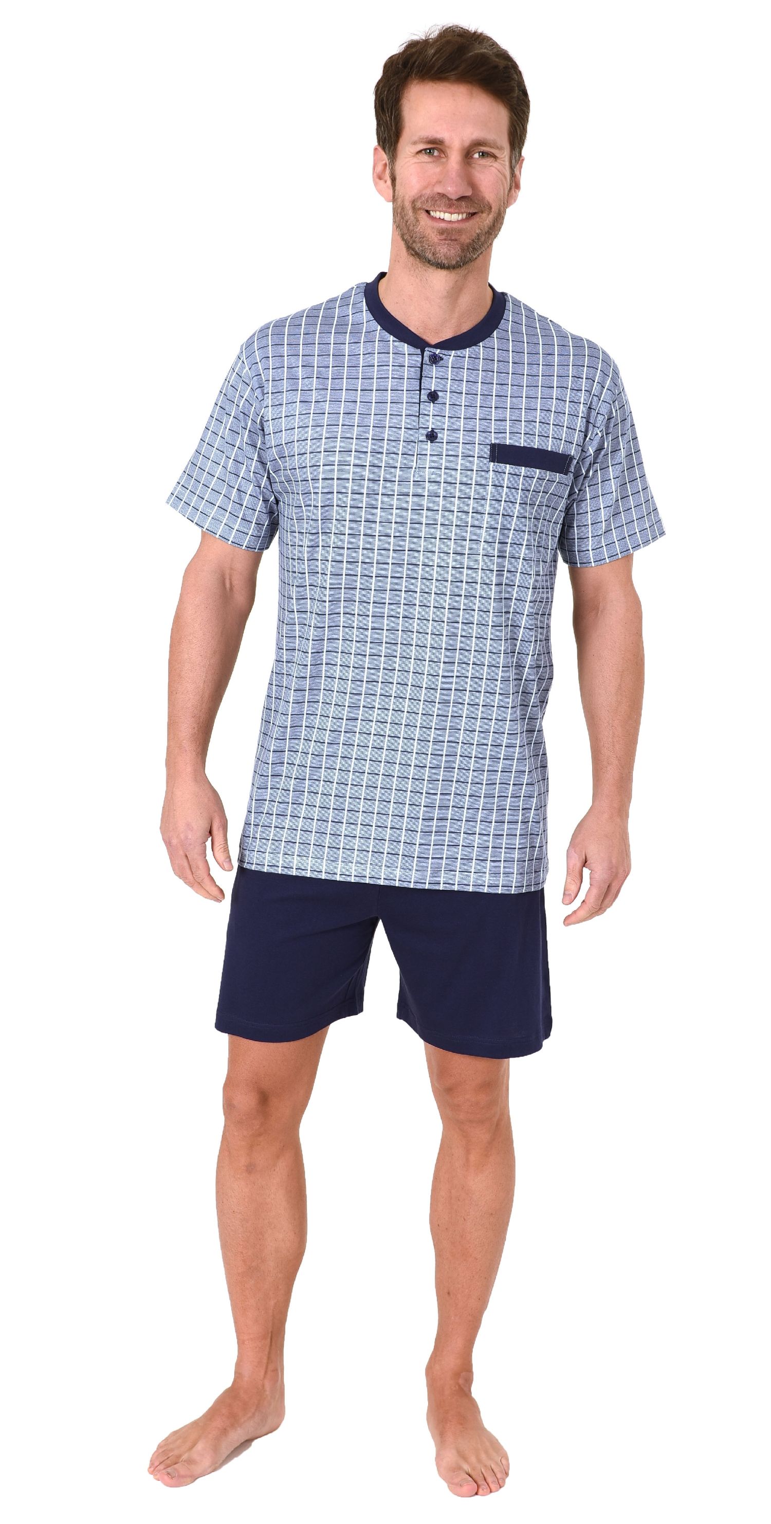 Herren Shorty Pyjama Schlafanzug kurzarm mit Knopfleiste am Hals in edler Karo Optik