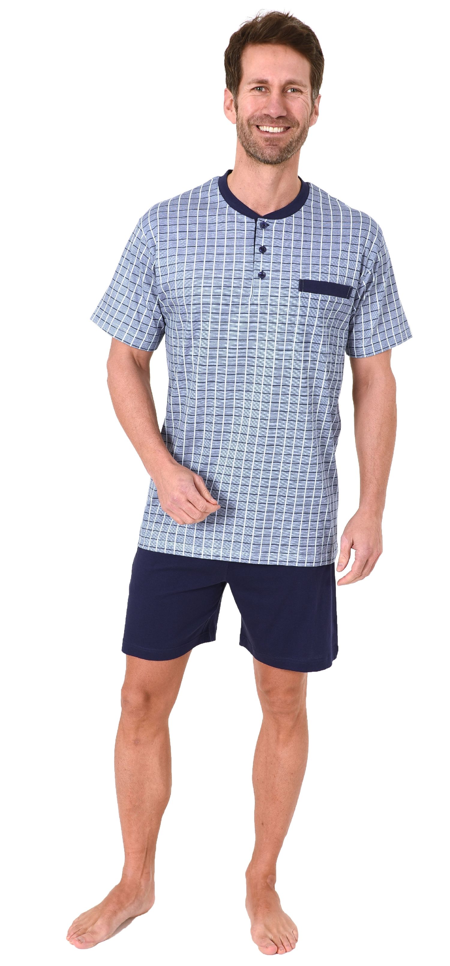 Herren Shorty Pyjama Schlafanzug kurzarm mit Knopfleiste am Hals in edler Karo Optik