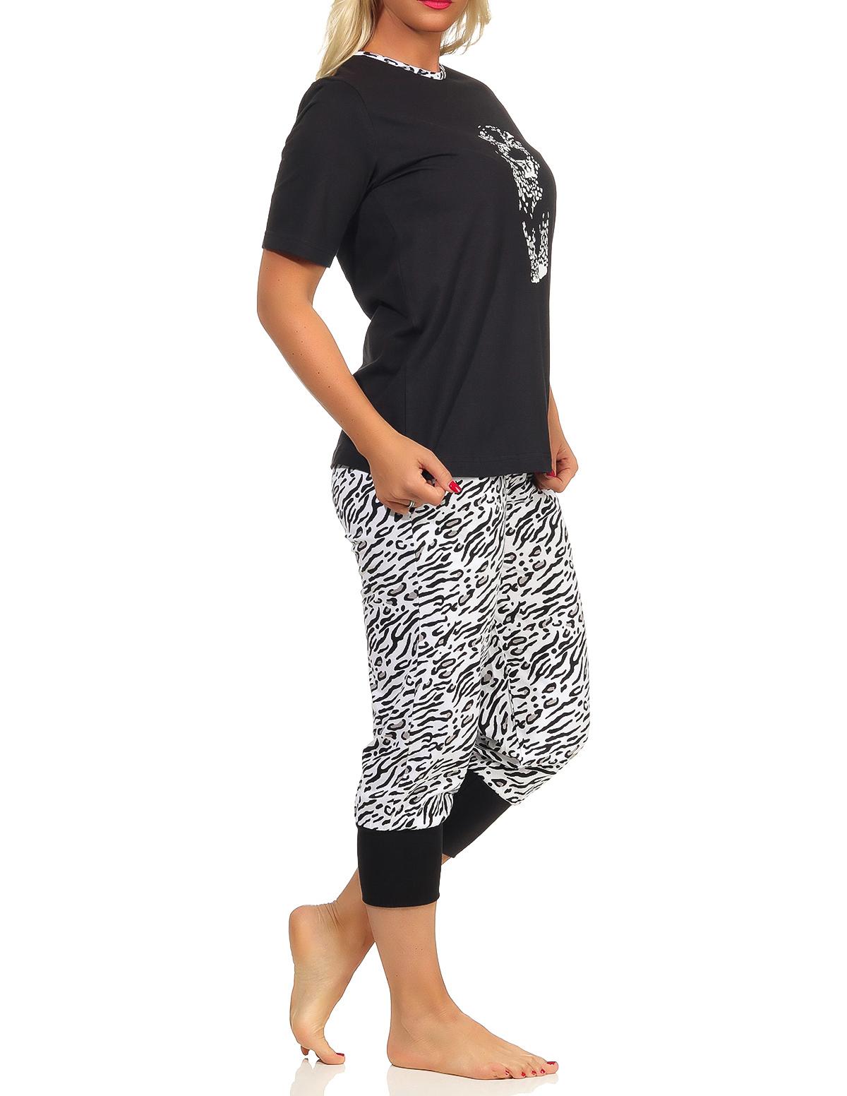 Damen Capri Pyjama Schlafanzug kurzarm, Caprihose mit Bündchen, Tigermotiv, auch in Übergrössen - 102 204 90 100 Capri Pyjama kurzarm Schlafanzug, Caprihose mit Bündchen, Tigermotiv, auch in Übergrössen