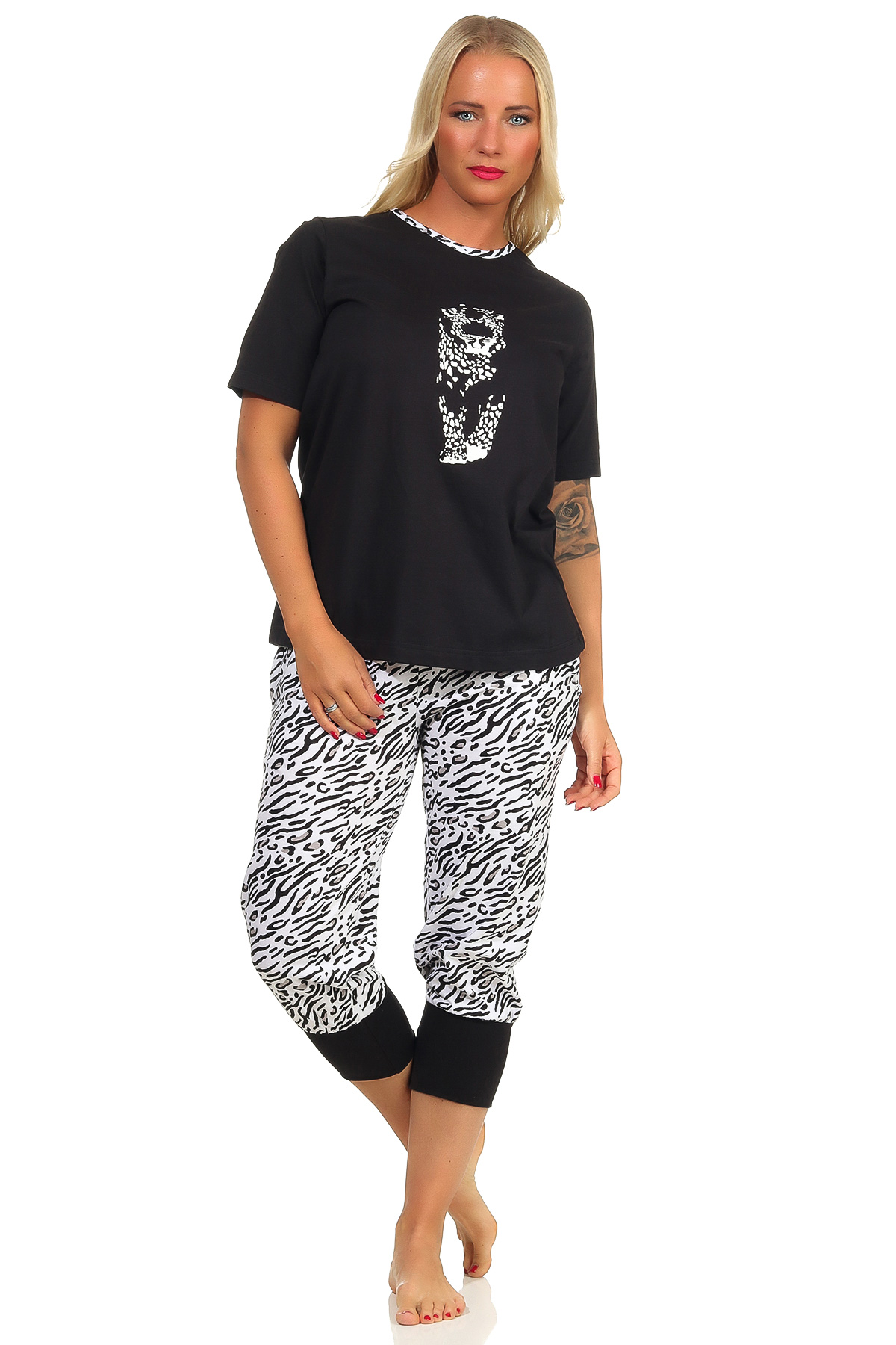 Capri Pyjama kurzarm Schlafanzug, Caprihose mit Bündchen, Tigermotiv, auch in Übergrössen