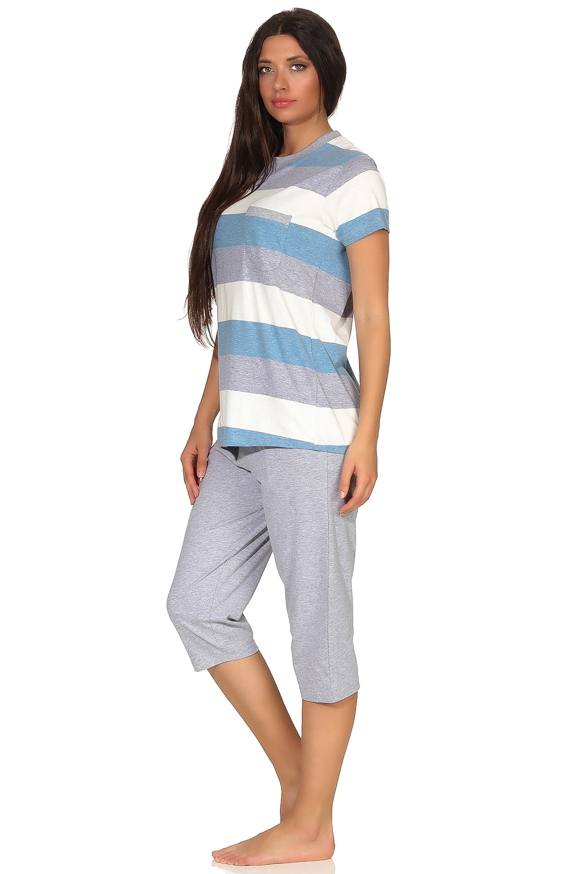 Damen Capri Pyjama kurzarm in wunderschöner Block Streifen Optik - auch in Übergrössen – 102 204 90 101