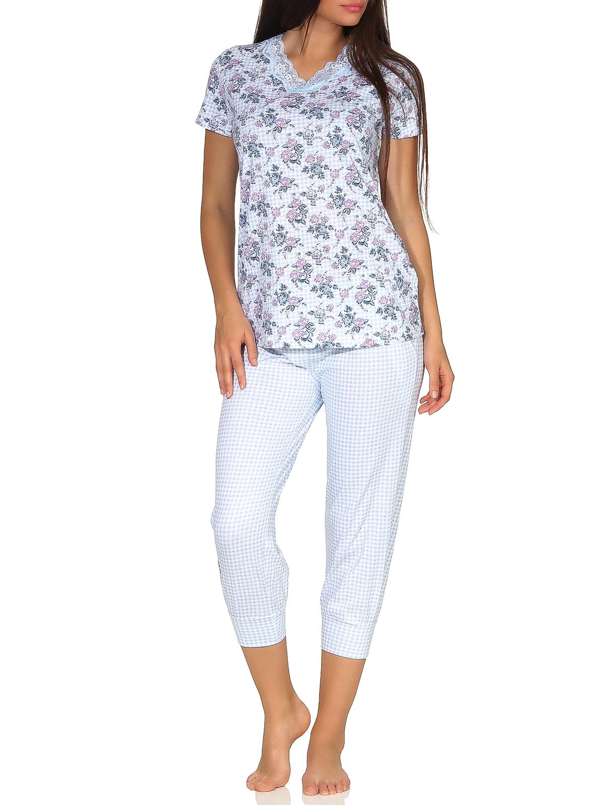 Klassischer Capri Damen Pyjama halbarm Schlafanzug im florales Muster und mit Spitzenbesatz - 102 204 90 106 Klassischer Capri Damen Pyjama halbarm Schlafanzug im florales Muster und mit Spitzenbesatz