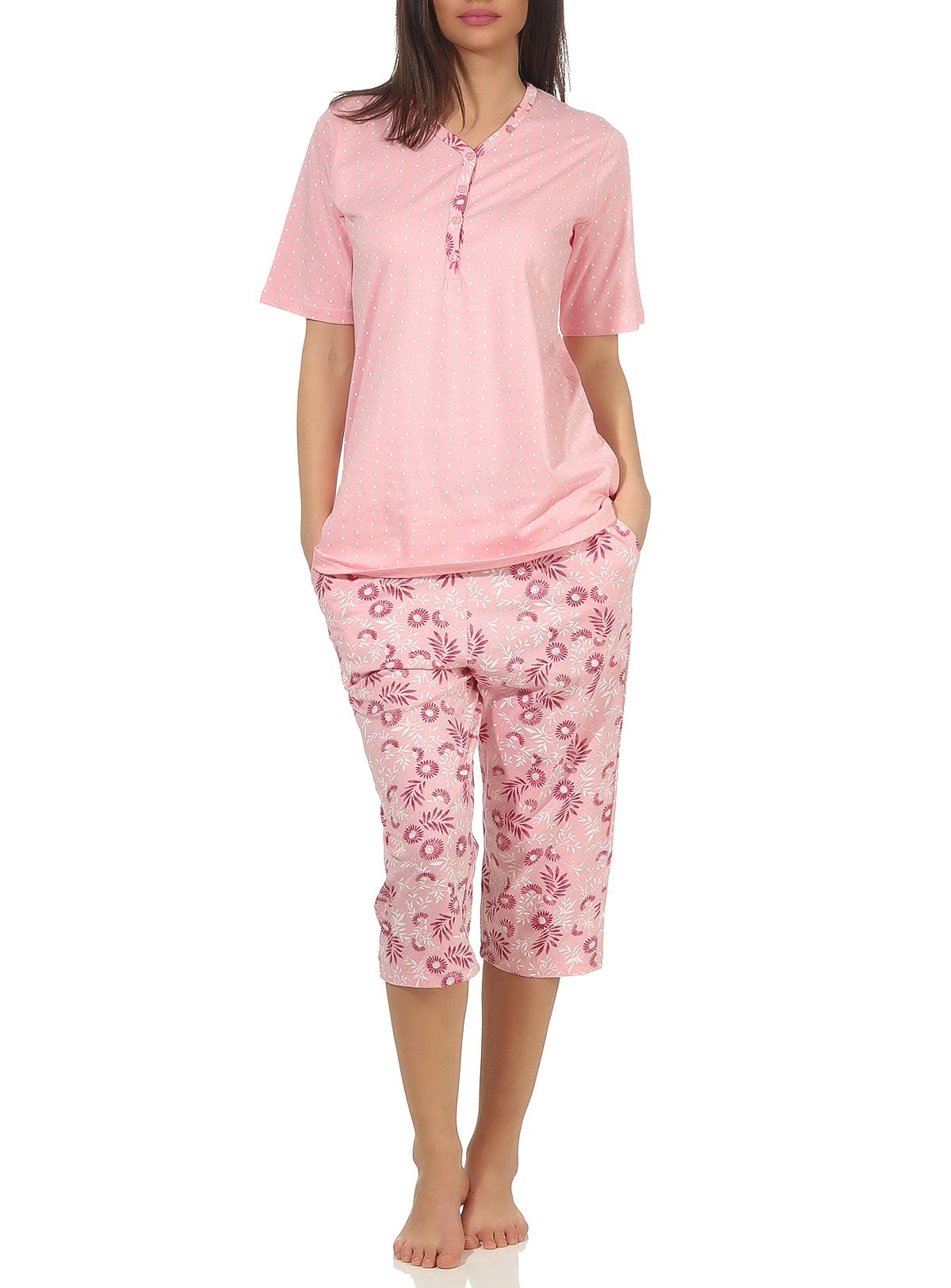 Damen Capri Pyjama kurzarm im klassischen Design mit floralen Print und Knopfleiste am Hals