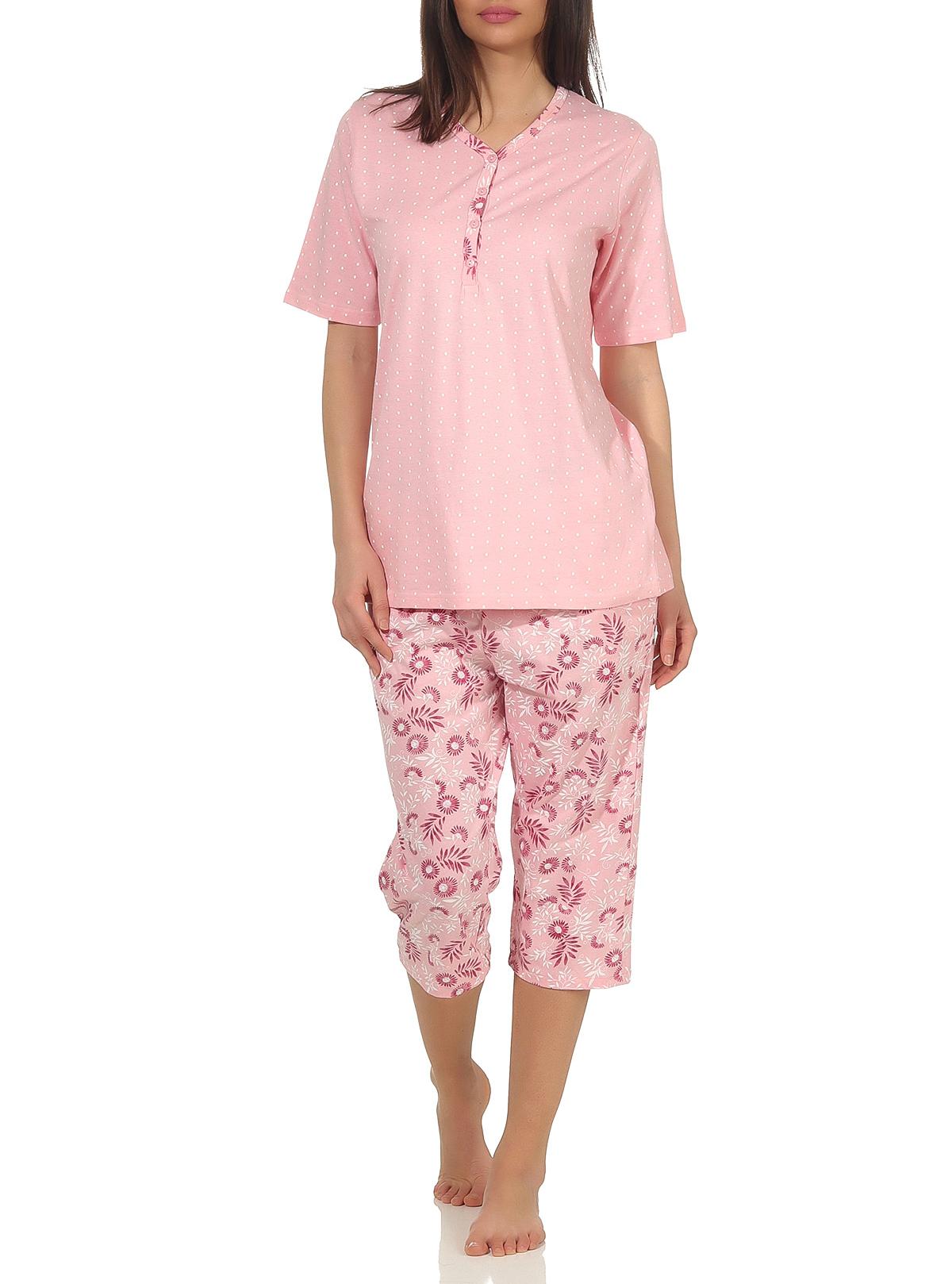 Damen Capri Pyjama kurzarm im klassischen Design mit floralen Print und Knopfleiste am Hals