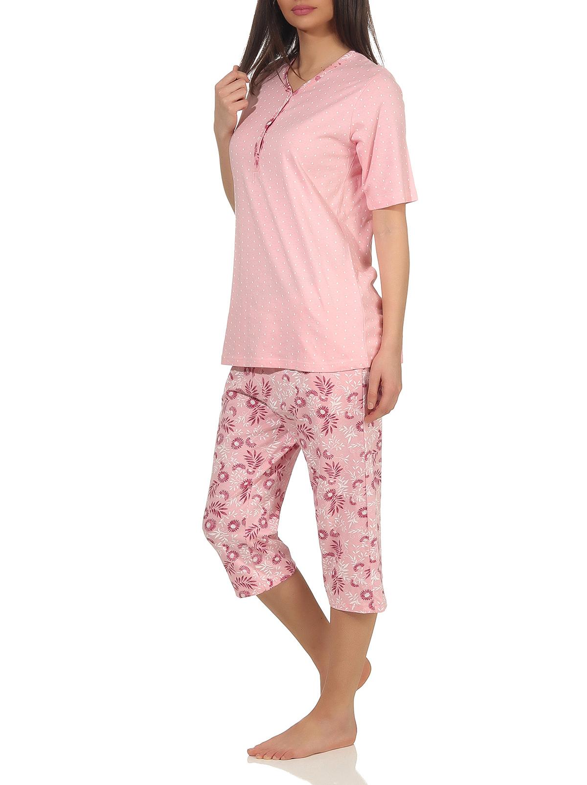Damen Capri Pyjama kurzarm im klassischen Design mit floralen Print und Knopfleiste am Hals