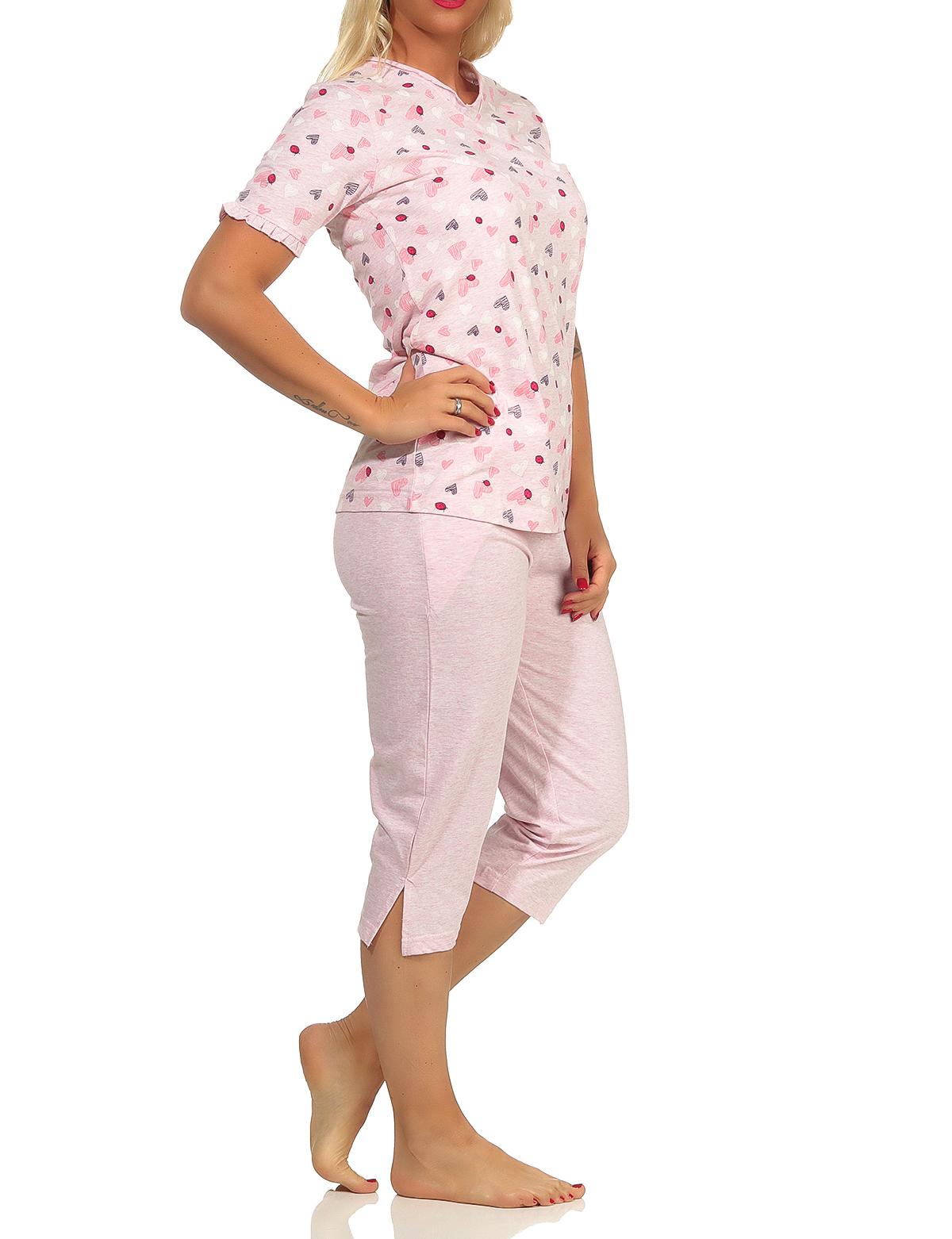 Damen Capri Pyjama kurzarm im Herz Allover Look in Melange-Optik - auch in Übergrössen