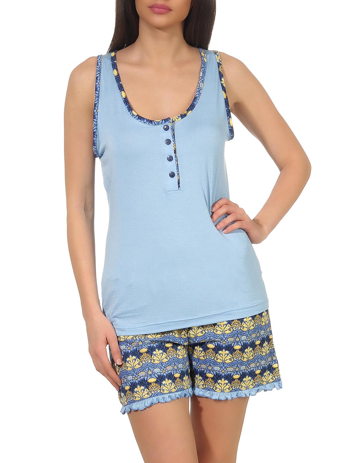 Ärmelloser Damen Achsel Shorty Schlafanzug Pyjama aus weichem Viskose Stoff, Hose geblümt