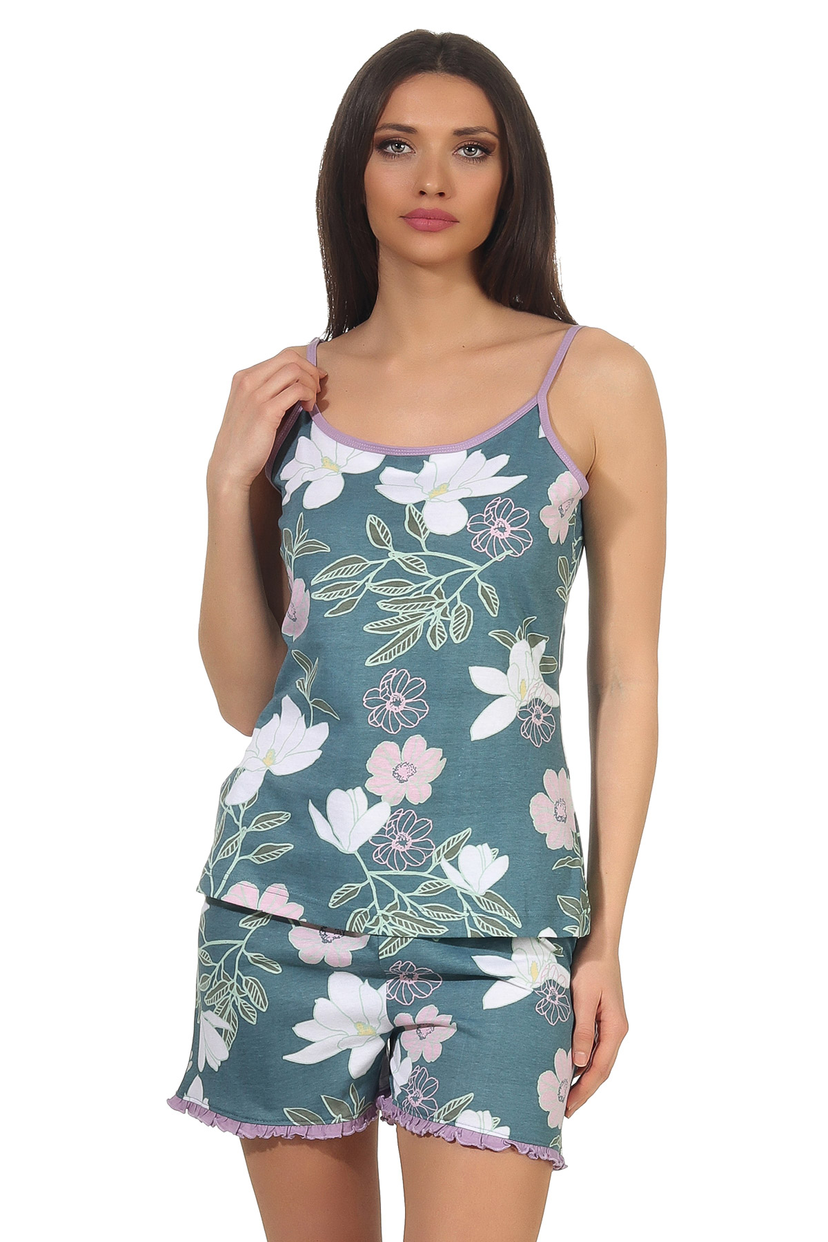 Ärmelloser Damen Spaghettiträger Shorty Pyjama im tollen geblümten Flowerprint-Design 