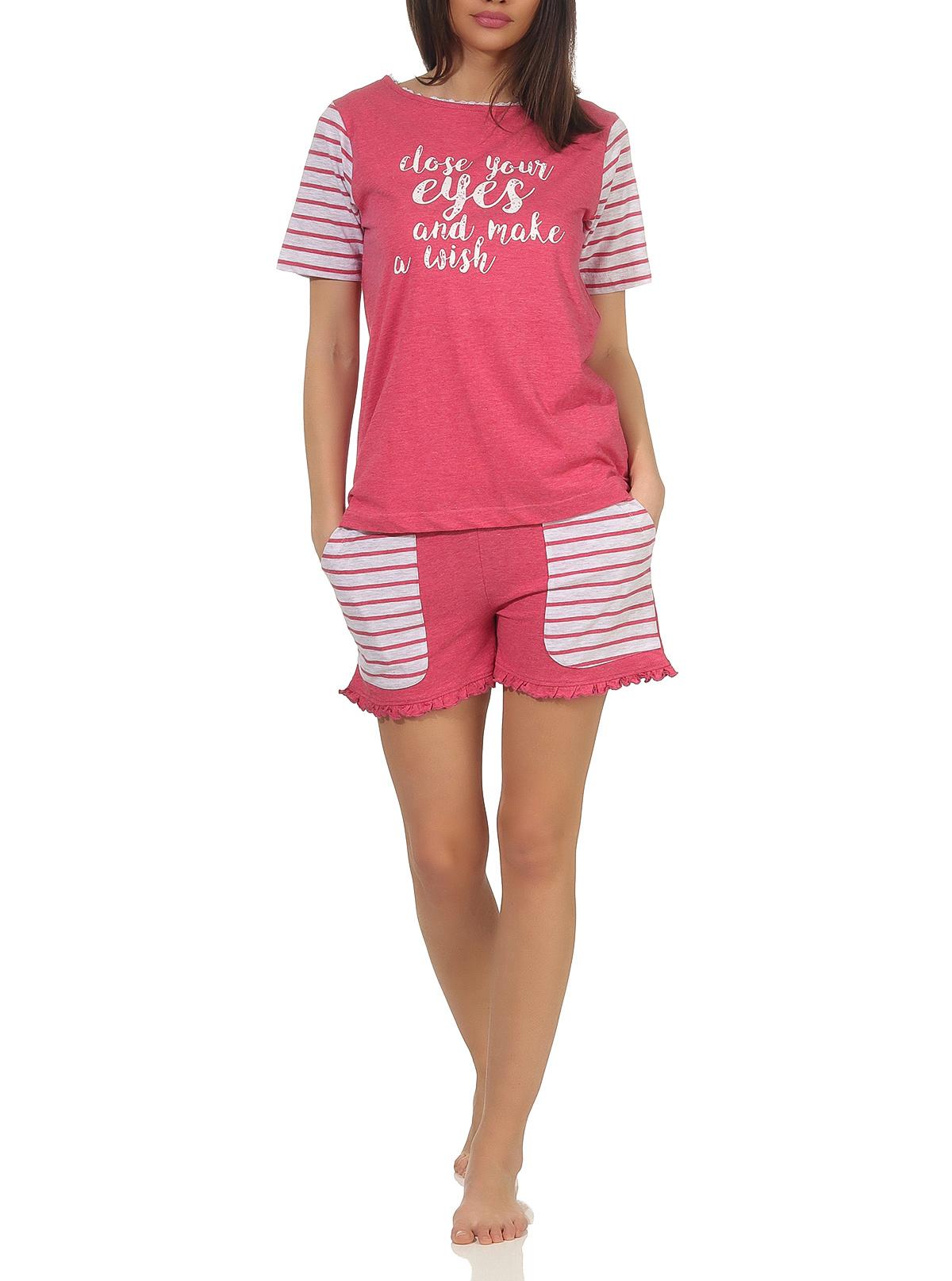 Lässiger Damen Shorty Pyjama kurzarm im College-Look mit Print und abgesetzten Ärmeln Lässiger Damen Shorty Pyjama kurzarm im College-Look mit Print und abgesetzten Ärmeln