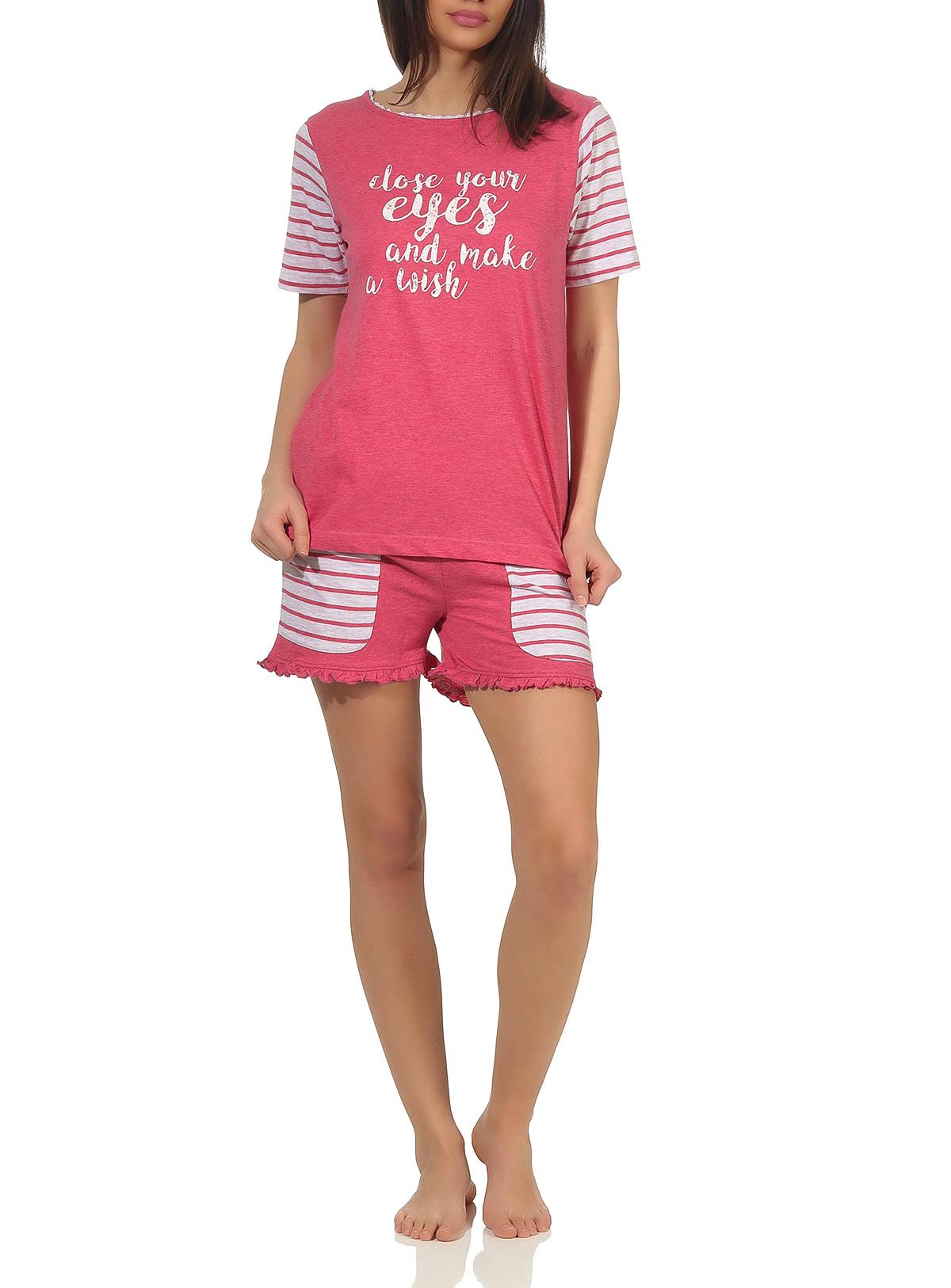 Lässiger Damen Shorty Pyjama kurzarm im College-Look mit Print und abgesetzten Ärmeln