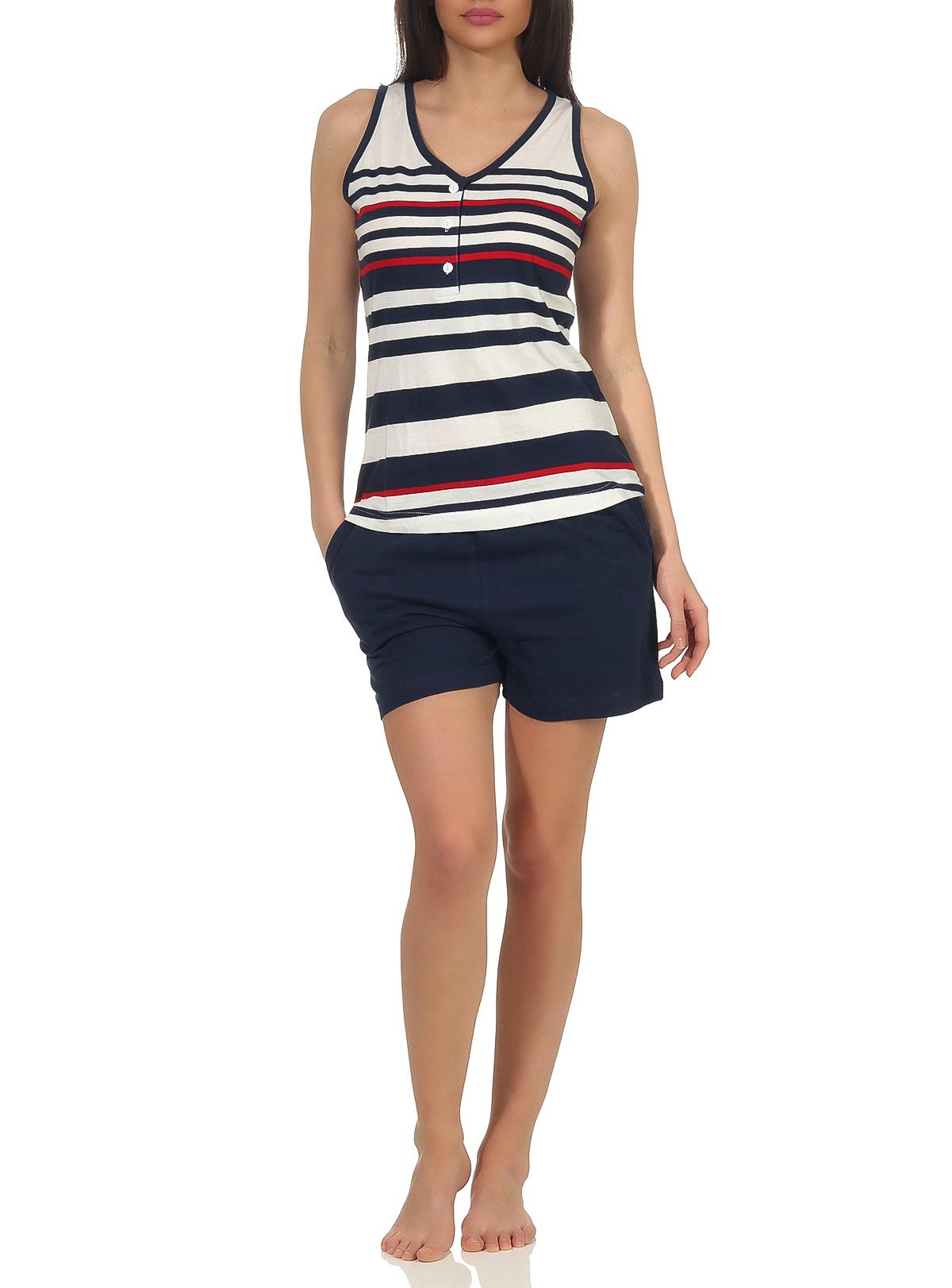 Maritimer Damen Achselhemd Shorty Pyjama kurzarm in Streifenoptik und mit Knopfleiste - 102 205 90 920 Maritimer Damen Achselhemd Shorty Pyjama kurzarm in Streifenoptik und mit Knopfleiste