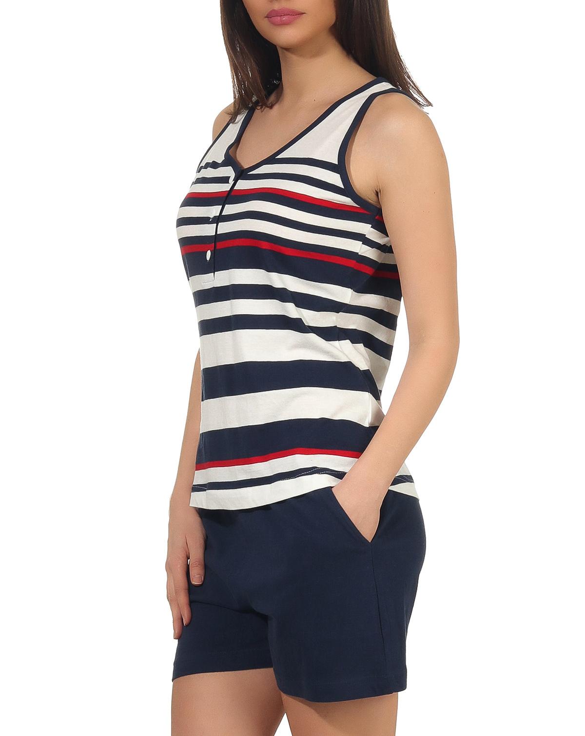Maritimer Damen Achselhemd Shorty Pyjama kurzarm in Streifenoptik und mit Knopfleiste