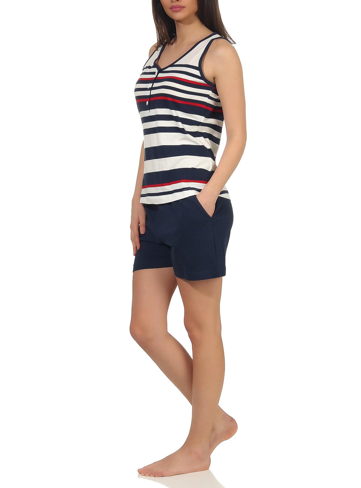 Maritimer Damen Achselhemd Shorty Pyjama kurzarm in Streifenoptik und mit Knopfleiste
