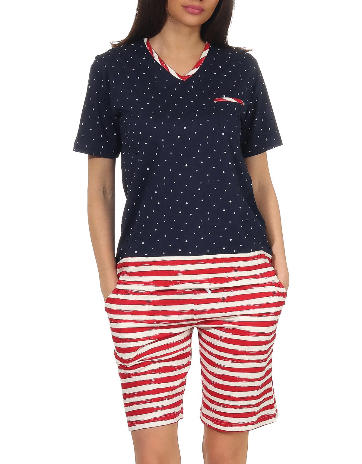 Maritimer Damen Shorty Schlafanzug kurzarm, Hose maritim gestreift, Top in Tupfen Look - 102 205 90 947 Maritimer Damen Shorty Schlafanzug kurzarm, Hose maritim gestreift, Top in Tupfen Look