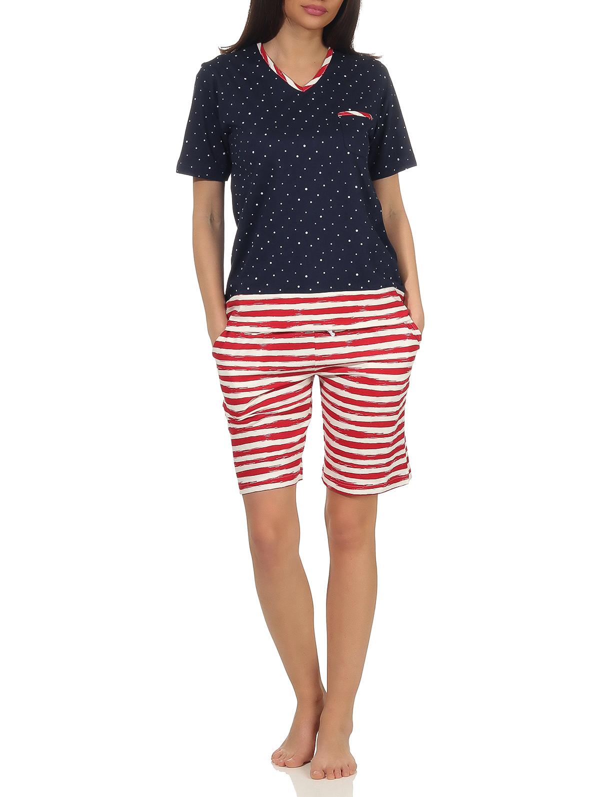 Maritimer Damen Shorty Schlafanzug kurzarm, Hose maritim gestreift, Top in Tupfen Look Maritimer Damen Shorty Schlafanzug kurzarm, Hose maritim gestreift, Top in Tupfen Look