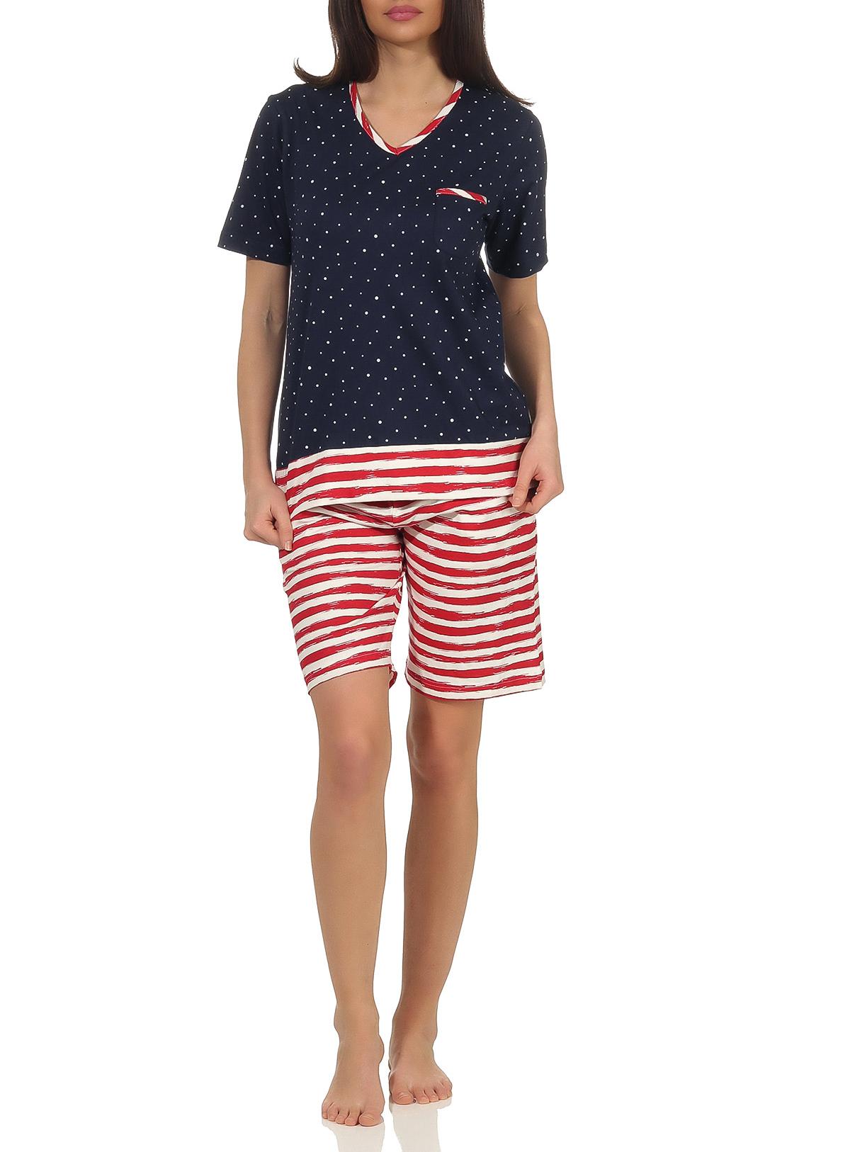 Maritimer Damen Shorty Schlafanzug kurzarm, Hose maritim gestreift, Top in Tupfen Look - 102 205 90 947 Maritimer Damen Shorty Schlafanzug kurzarm, Hose maritim gestreift, Top in Tupfen Look
