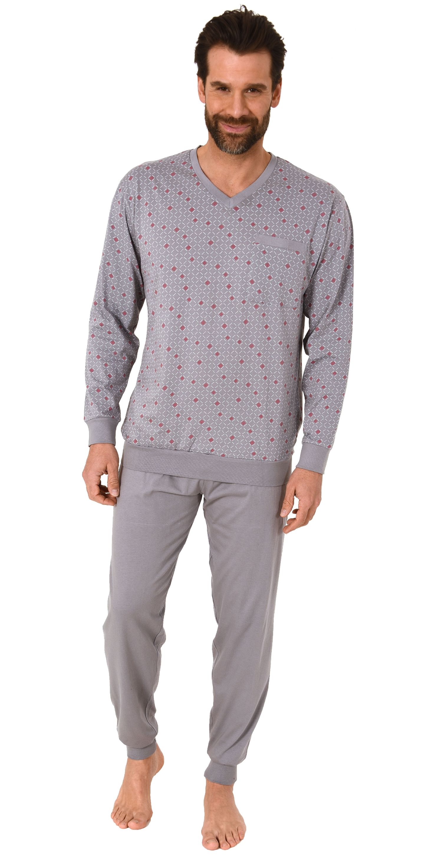 Eleganter Herren Pyjama Schlafanzug langarm mit Bündchen und V-Hals - 102 101 90 518a