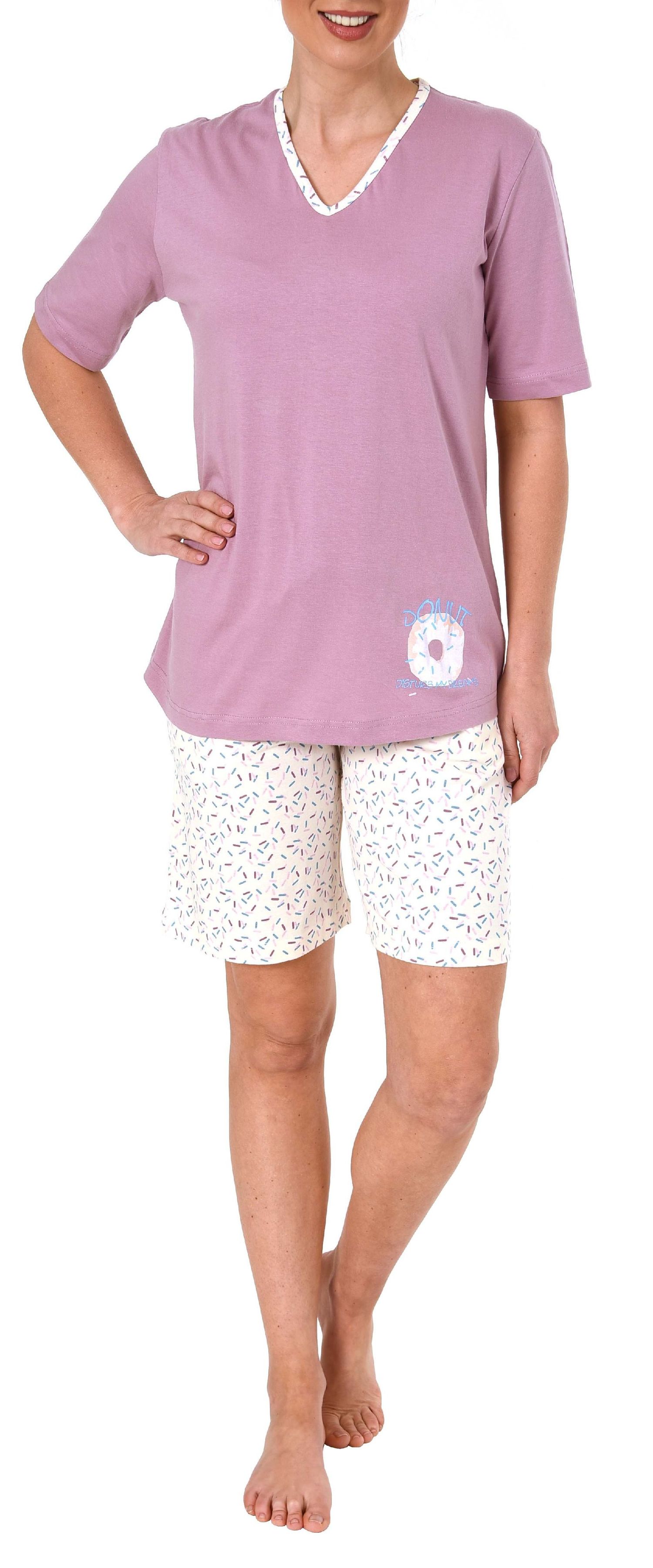 Süsser Damen Shorty-Pyjama Schlafanzug kurzarm mit Donut als Motiv - 63863 Süsser Damen Shorty-Pyjama Schlafanzug kurzarm mit Donut als Motiv - 63863