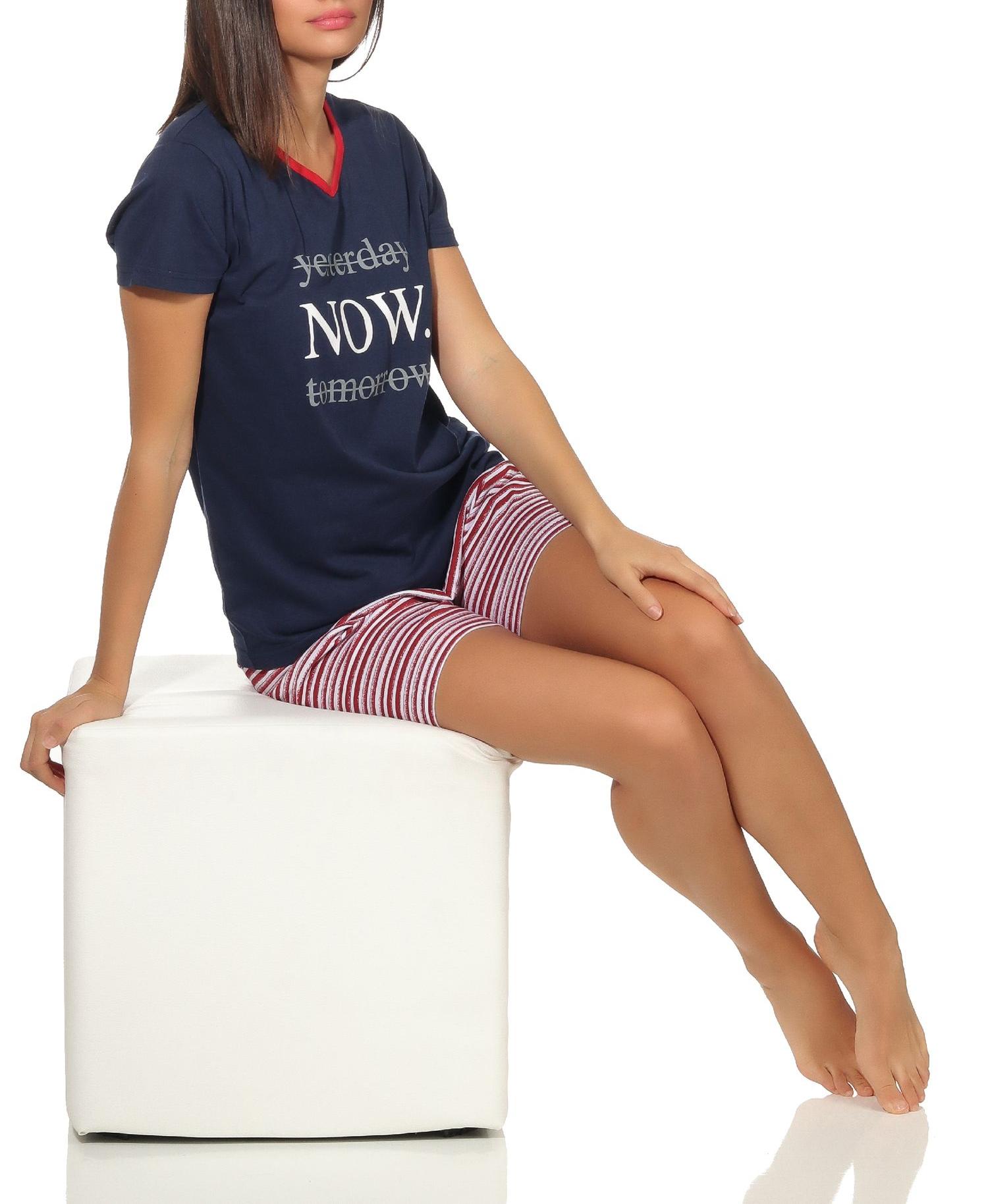 Damen Shorty Pyjama Schlafanzug kurzarm im maritimen Streifen Look 64228