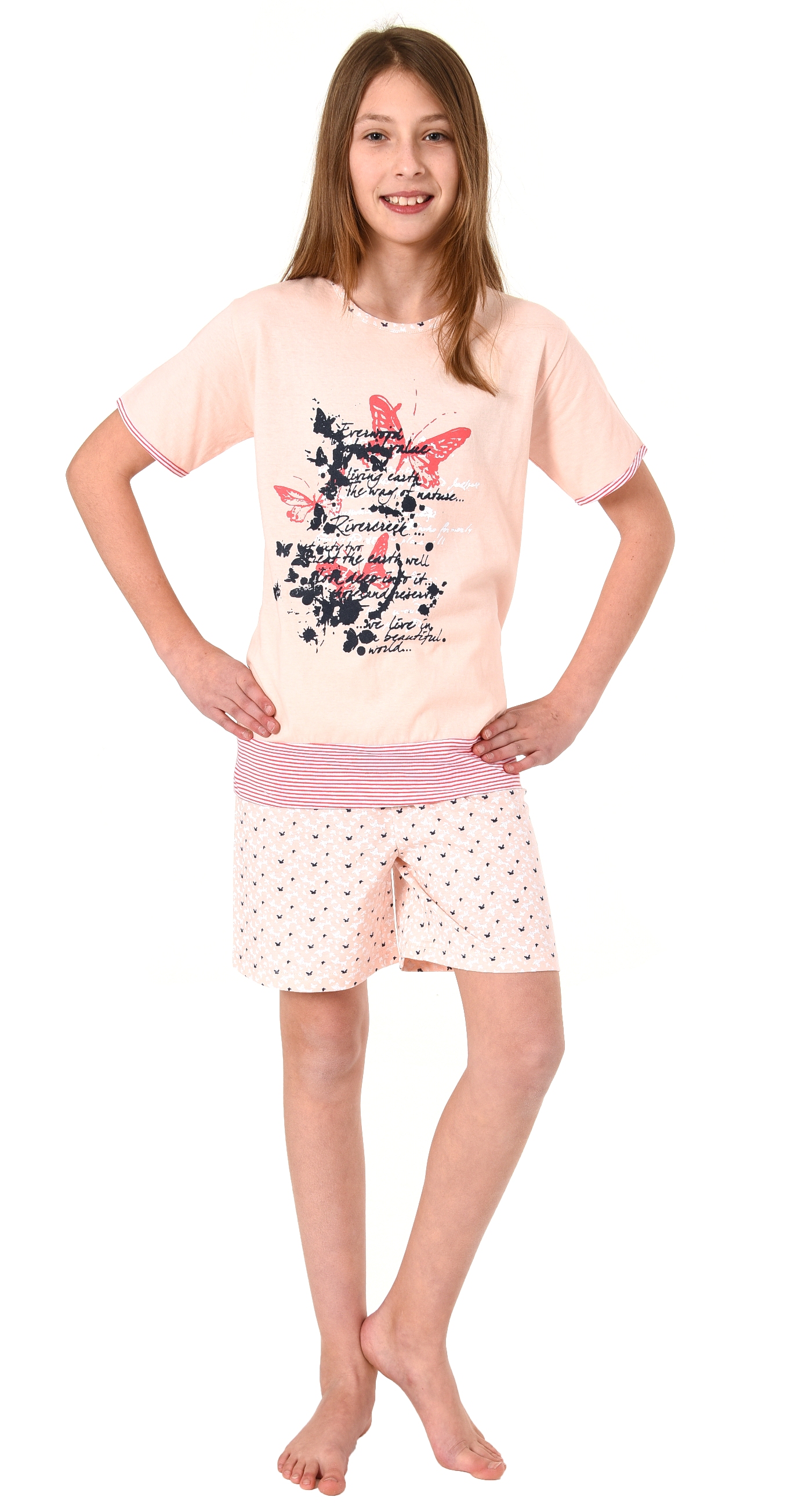 Mädchen Shorty Pyjama Schlafanzug kurzarm mit Schmetterlingen als Motiv - 63009