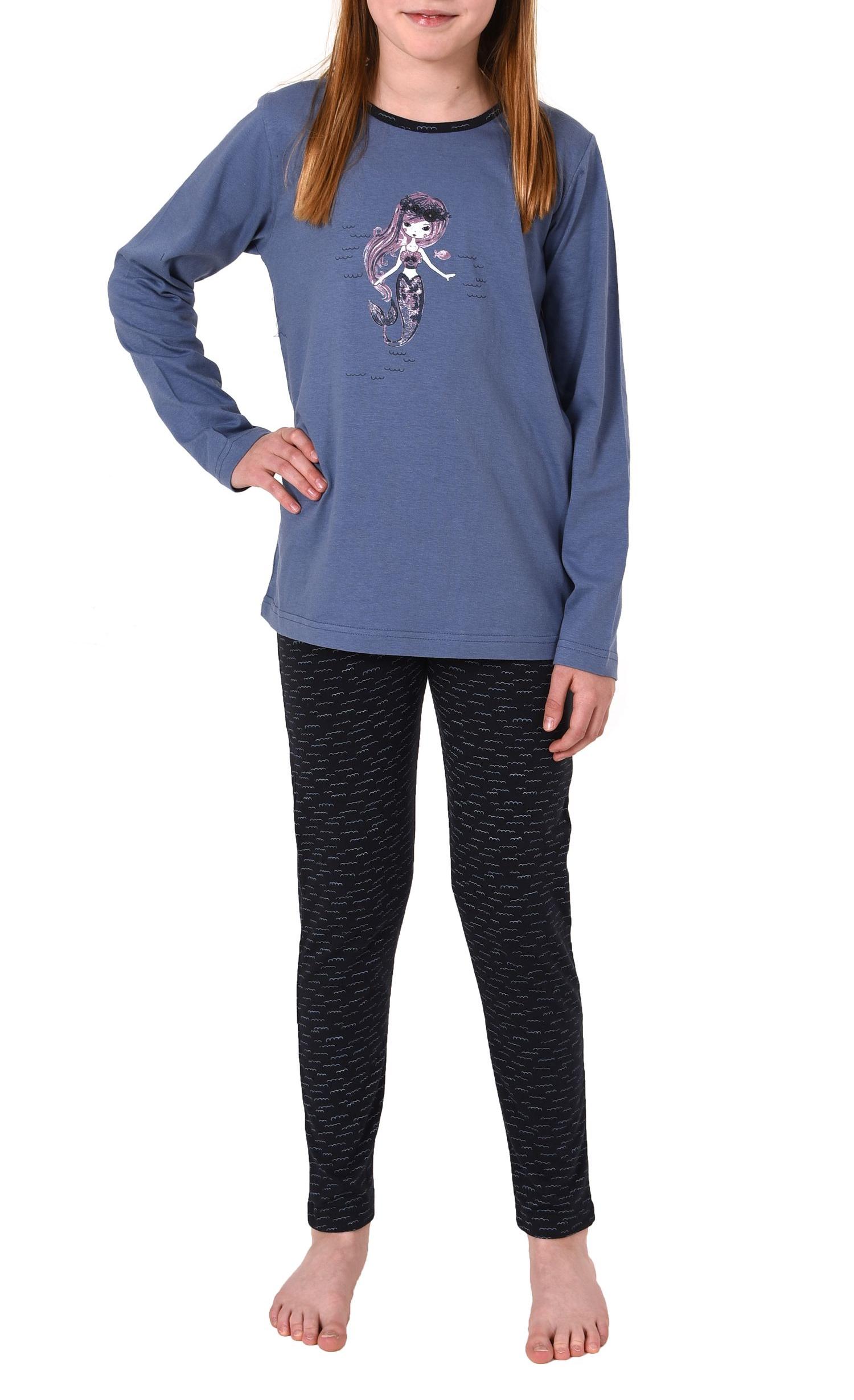 Mädchen Pyjama Schlafanzug langarm mit niedlicher Meerjungfrau als Motiv - 63987