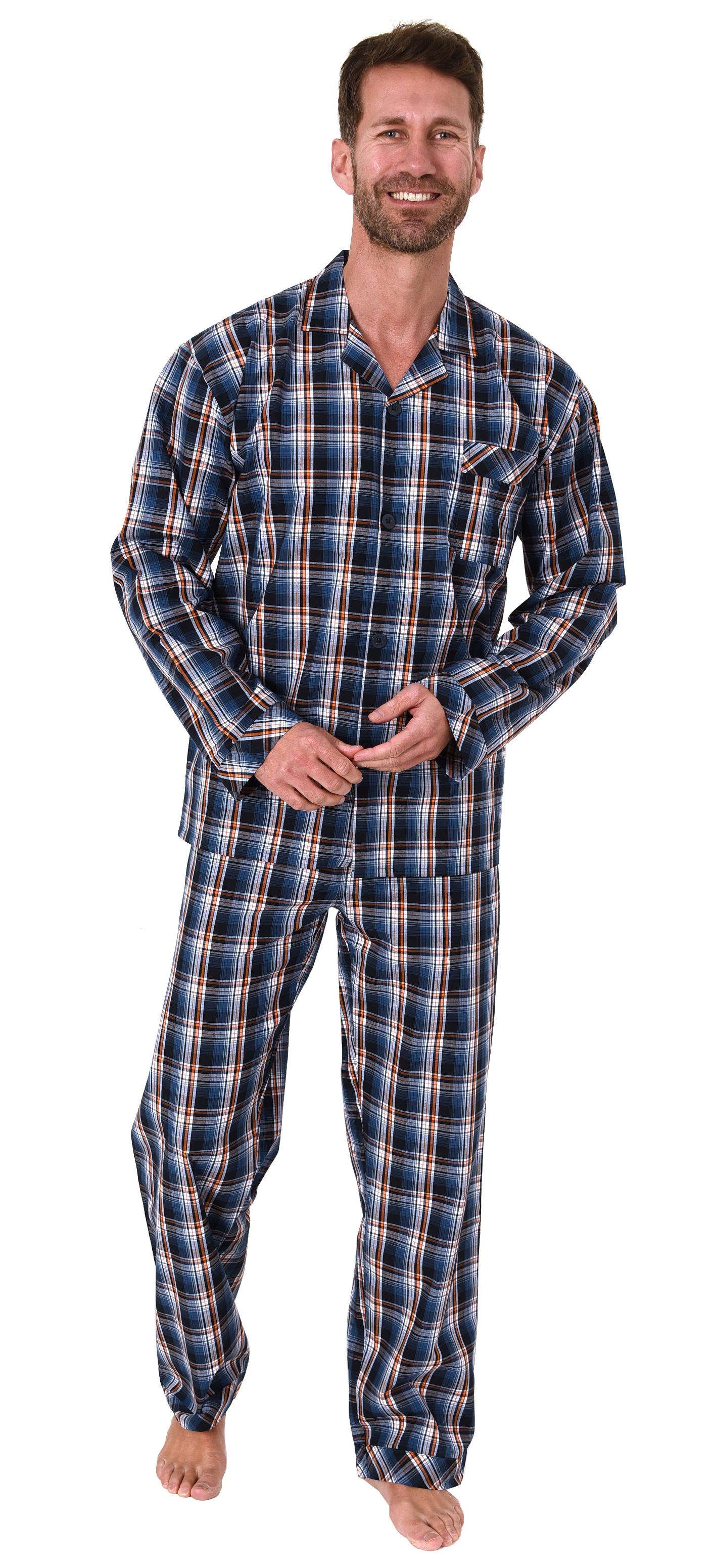 Edler Herren Pyjama langarm Schlafanzug gewebt zum Knöpfen im Karo Design - 65342