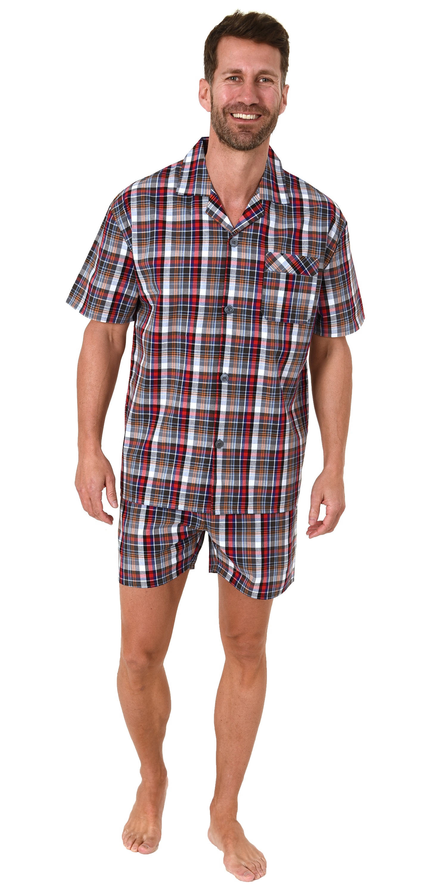 Edler Herren Pyjama Shorty kurzarm Schlafanzug gewebt zum Knöpfen im Karo Design - 65345