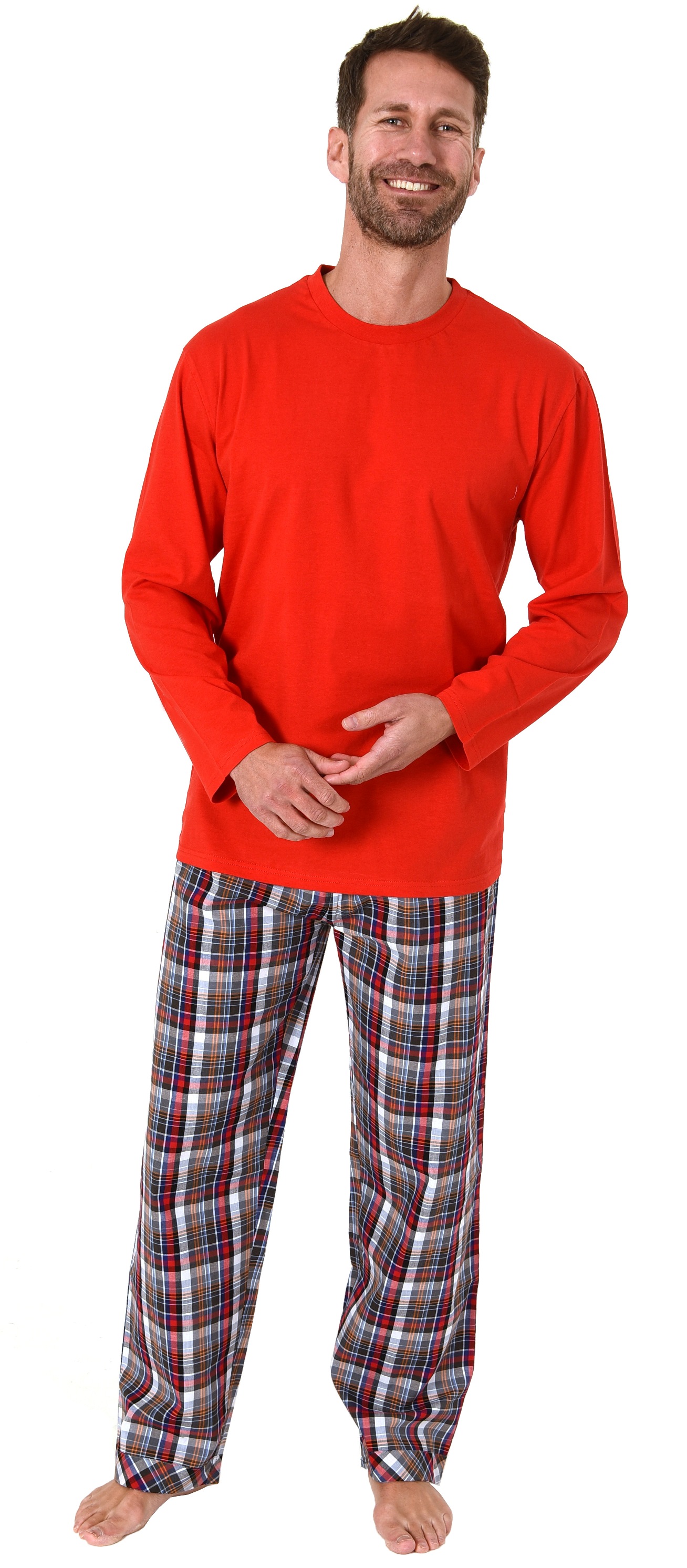 Herren Pyjama langarm Schlafanzug mit karierter Webhose - 65348