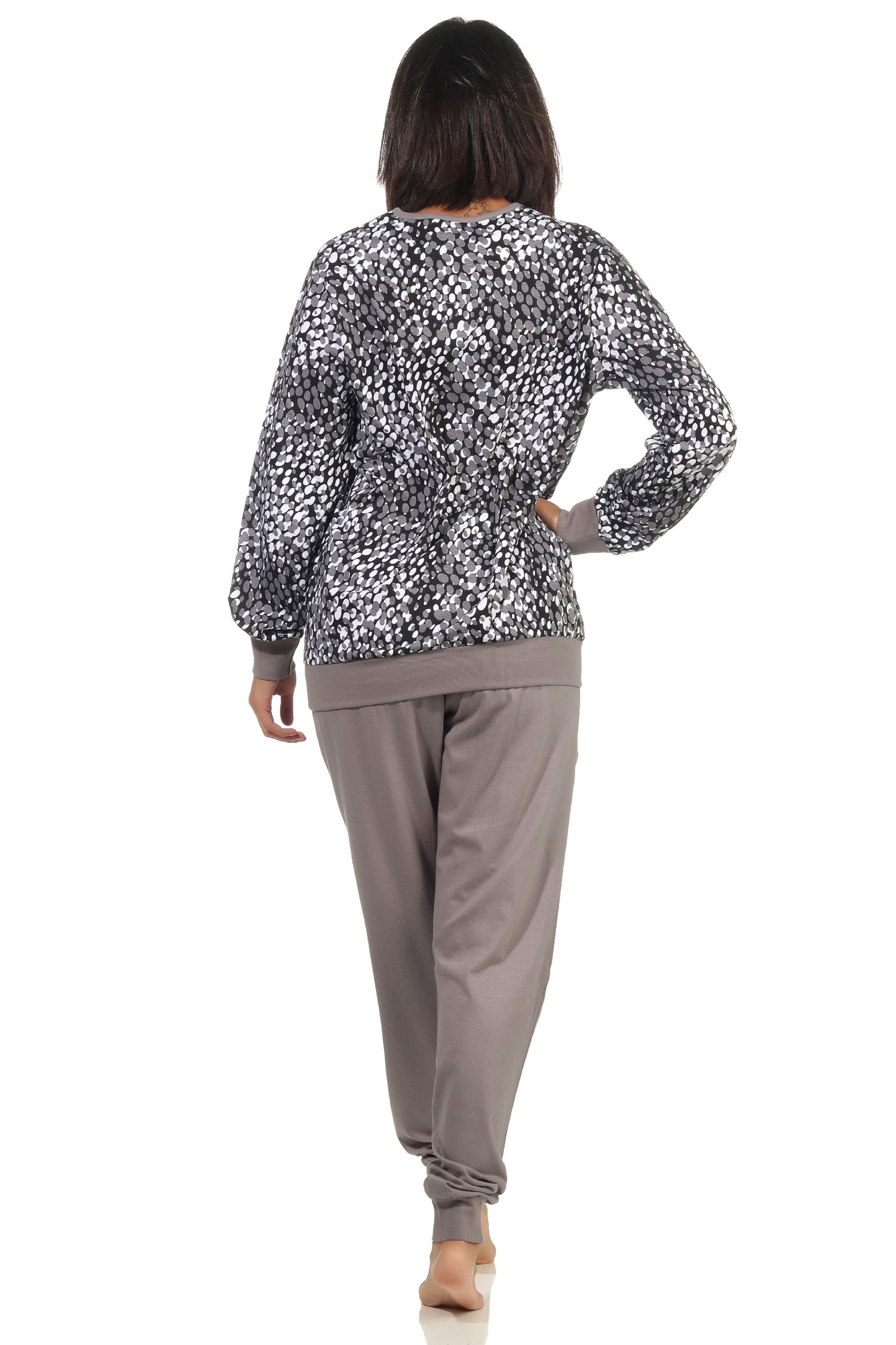 Damen Pyjama langarm Schlafanzug mit Bündchen in Tupfen / Animal Print Optik - 202 90 460